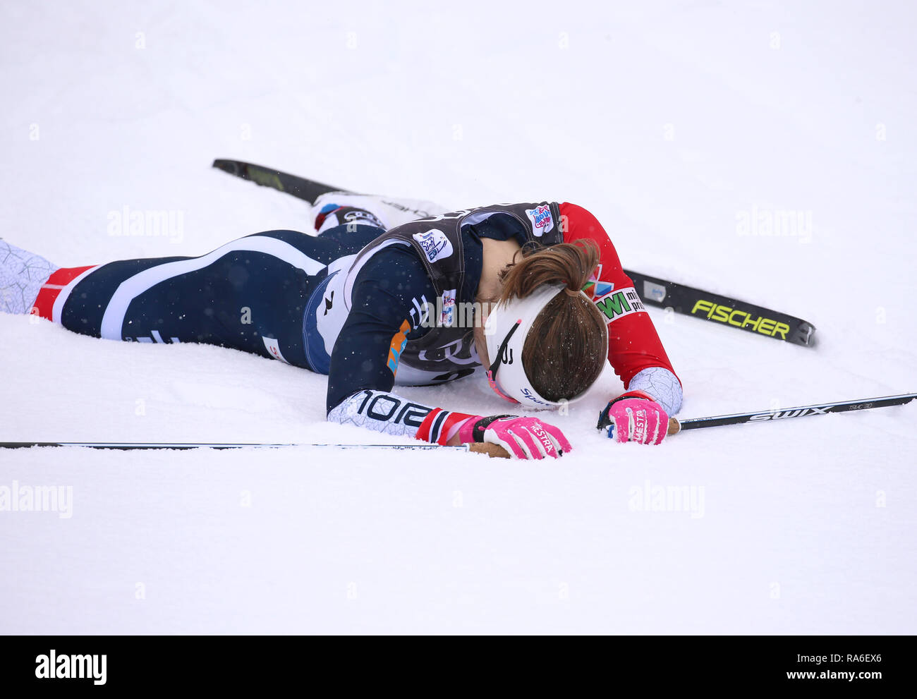 Oberstdorf, Germany. 02nd Jan, 2019. Nordic skiing/cross-country skiing: World Cup, Tour de Ski, 10 km mass start classic, women. Ingvild Flugstad Oestberg from Norway is finishing after her victory. Credit: Karl-Josef Hildenbrand/dpa/Alamy Live News Stock Photo