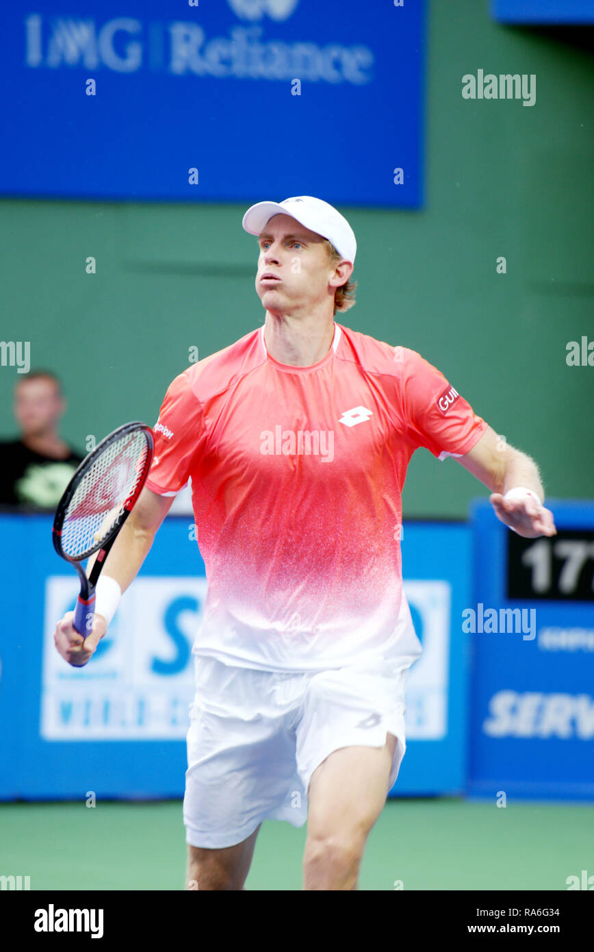 Pune, India. 2nd January 2019. Kevin Anderson of South Africa in action in the second round of singles competition at Tata Open Maharashtra ATP Tennis tournament in Pune, India. Credit: Karunesh Johri/Alamy Live News Stock Photo