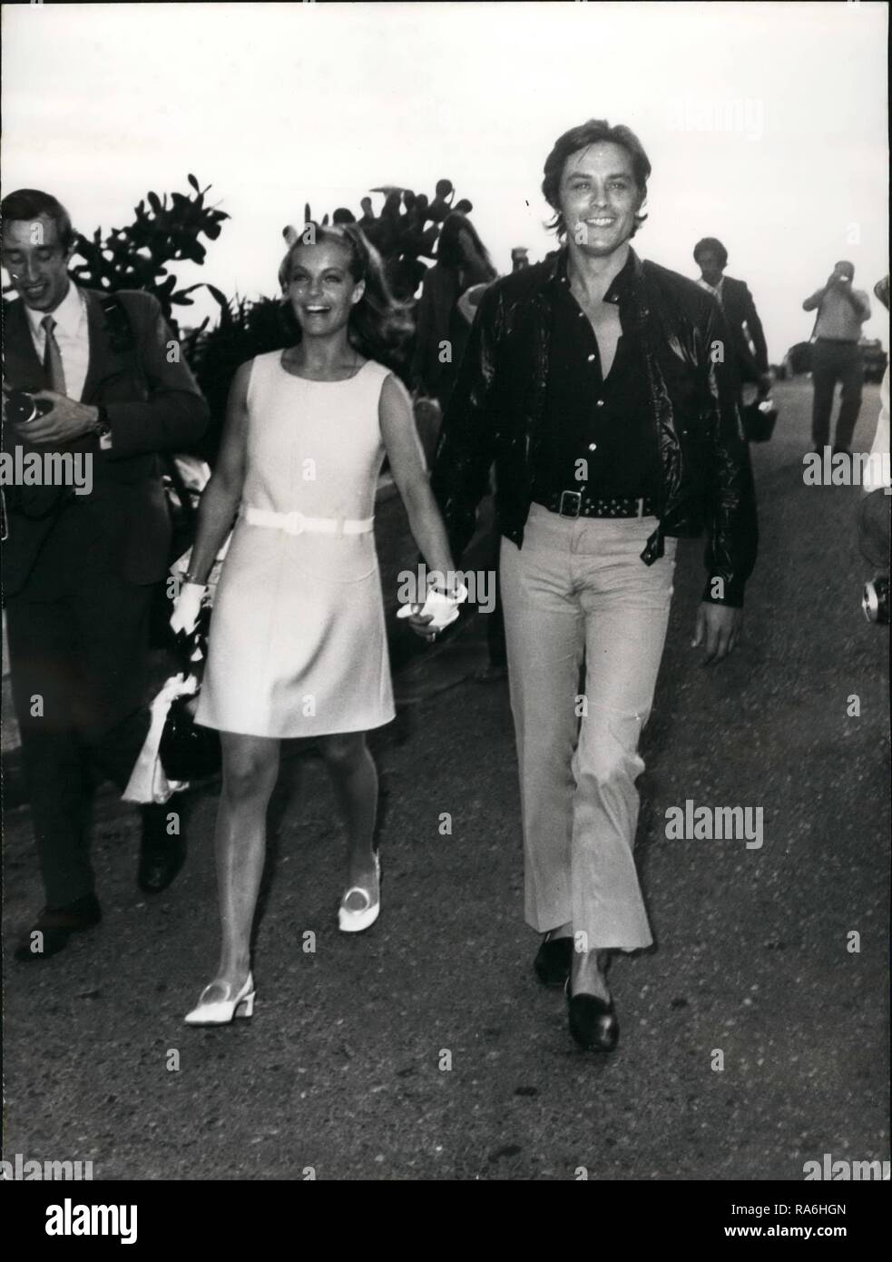 Aug. 08, 1968 - Alain Delon to co-star with Romy Schneider: First reunion in five years: Alain Delon and omy Schneider who will co-star in Jacoues Deray's film ''La Piscine'' (the swimming pool) met as friends and screen partners for the first time in five years. The couple broke their engagement after a long idyl. Photo shows Alain Delon and Romy Schneider pictured in nice the shooting of the film will soon start on the French Riviera. (Credit Image: © Keystone Press Agency/Keystone USA via ZUMAPRESS.com) Stock Photo
