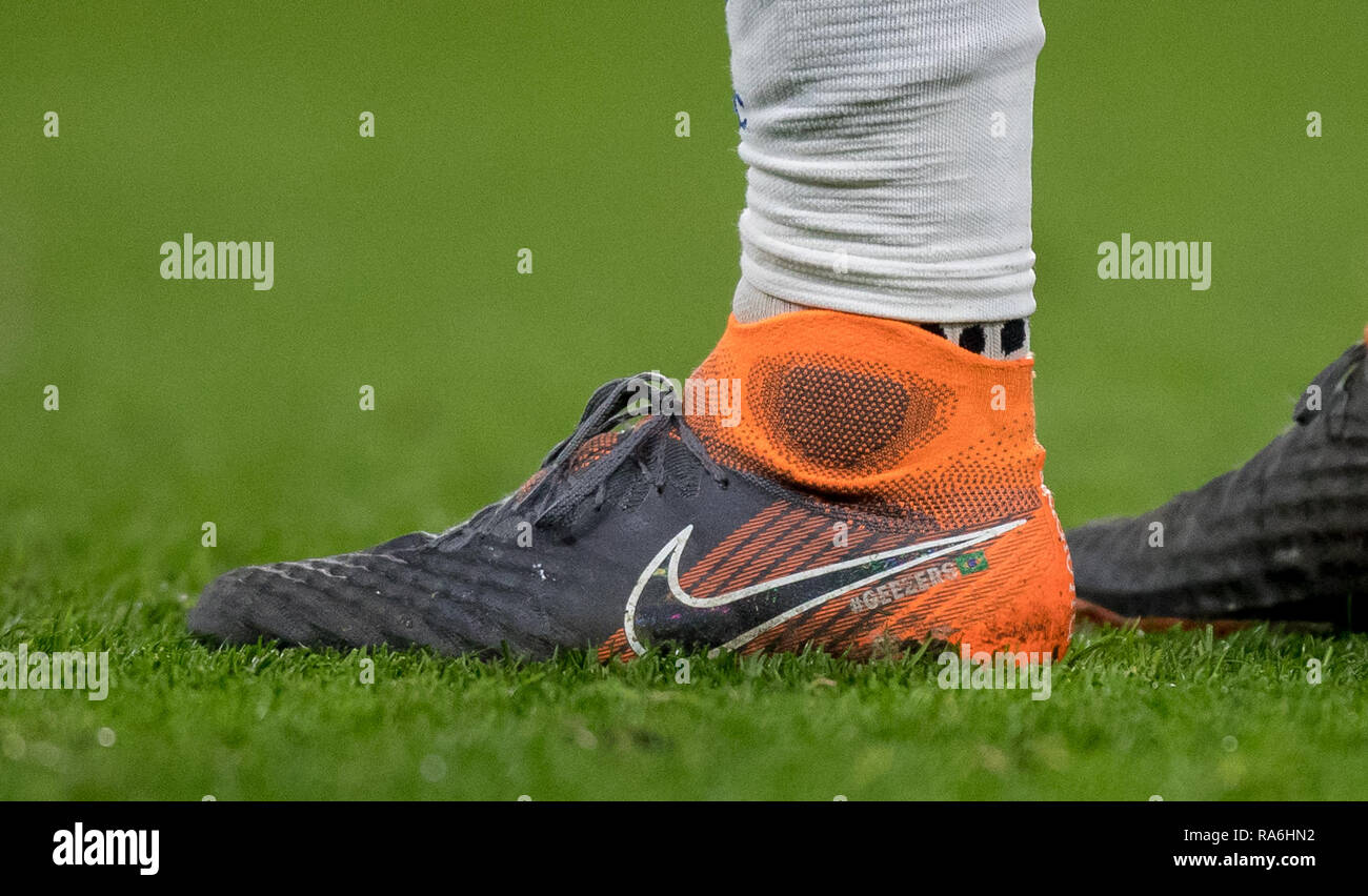 London, UK. 02nd Jan, 2019. David LUIZ of Chelsea nike football boot  displaying GEEZERS & BRAZIL flag during the Premier League match between  Chelsea and Southampton at Stamford Bridge, London, England on