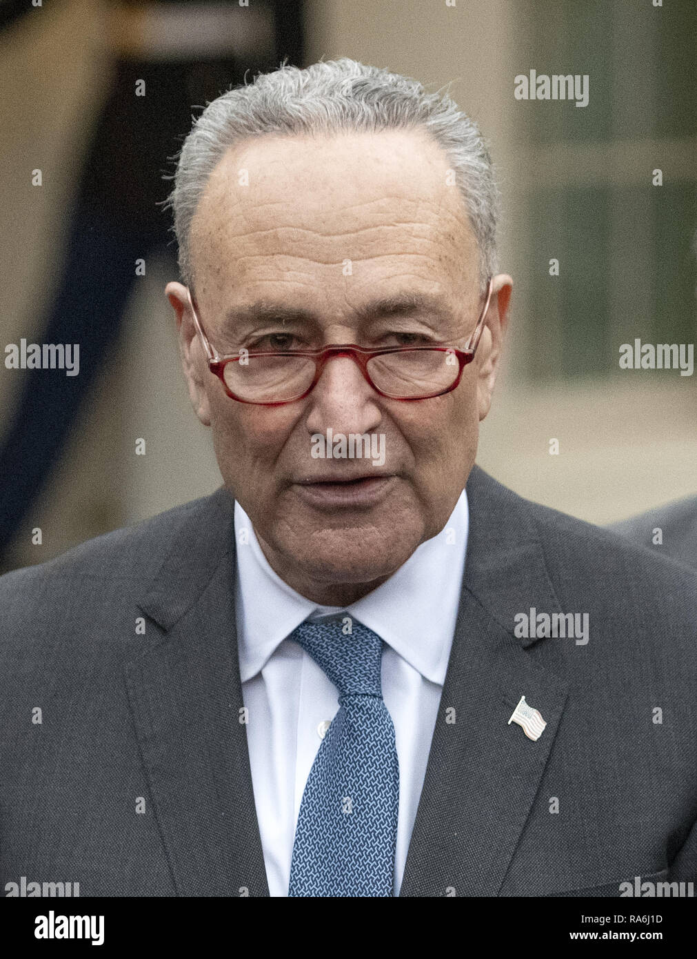 Washington, DC, USA. 2nd Jan, 2019. United States Senate Minority Leader Chuck Schumer (Democrat of New York) meets reporters at the White House after meeting with US President Donald J. Trump on border security and reopening the federal government at the White House in Washington, DC on Wednesday, January 2, 2018 Credit: ZUMA Press, Inc./Alamy Live News Stock Photo