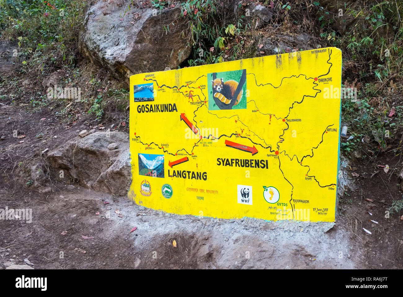 Trail side map showing the Langtang and Gosaikunda treks in the Nepal Himalayas Stock Photo