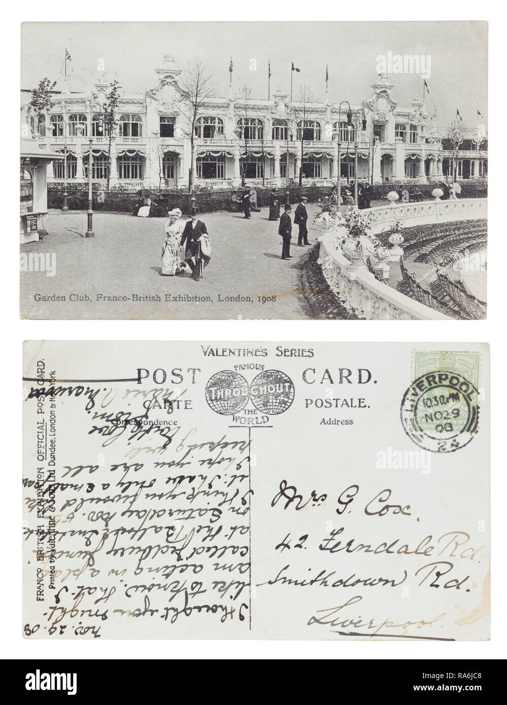 Postcard of the garden club at the Franco-British exhibition in 1908 send to a Mrs G Cox, 42 Ferndale Road, Smithdown Road, Liverpool Stock Photo