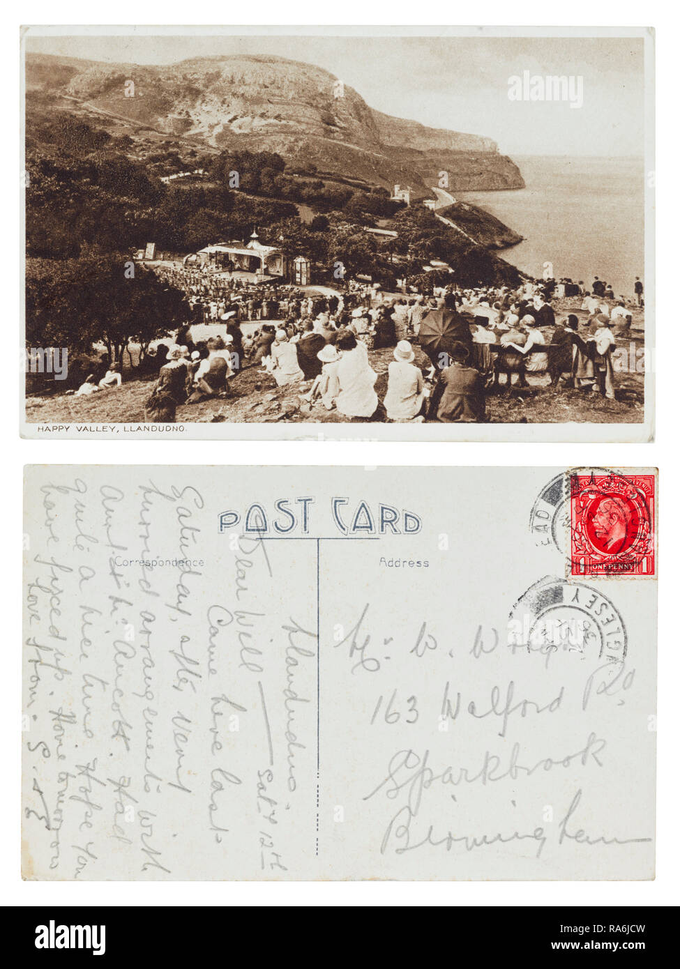 Postcard from Mr Will Wright at 163 Walford Road, Sparkbrook, Birmingham from Llandudno, Happy Valley in 1936 Stock Photo