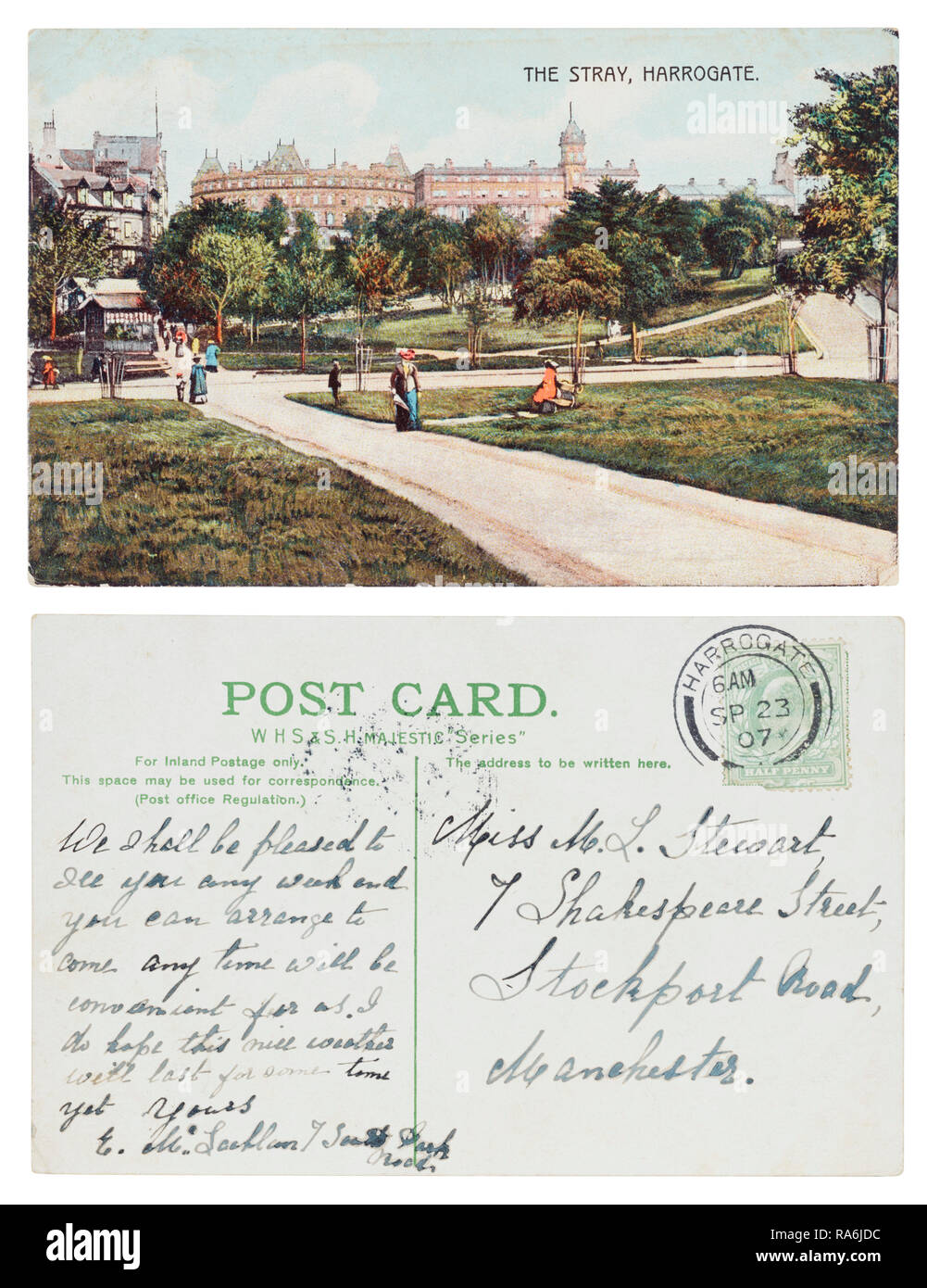 Postcard from Harrogate to Miss Stewart, 7 Shakespeare Street, Stockport Road, Manchester in September 1907 Stock Photo