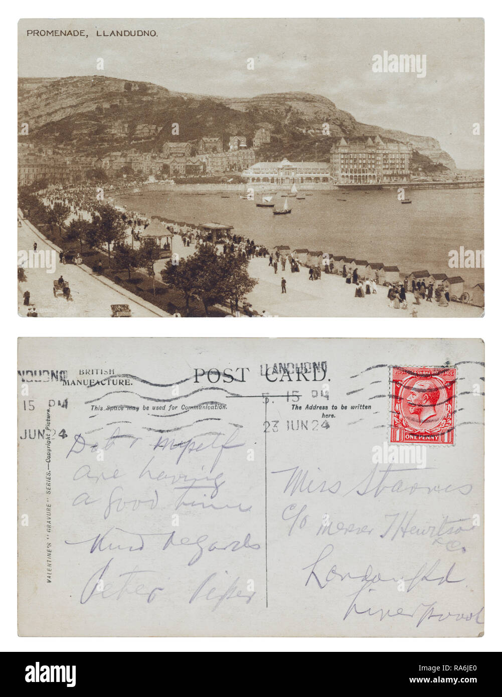Postcard sent from Llandudno to Miss Starris, Messers J Hewitson & Co, London Road, Liverpool Stock Photo