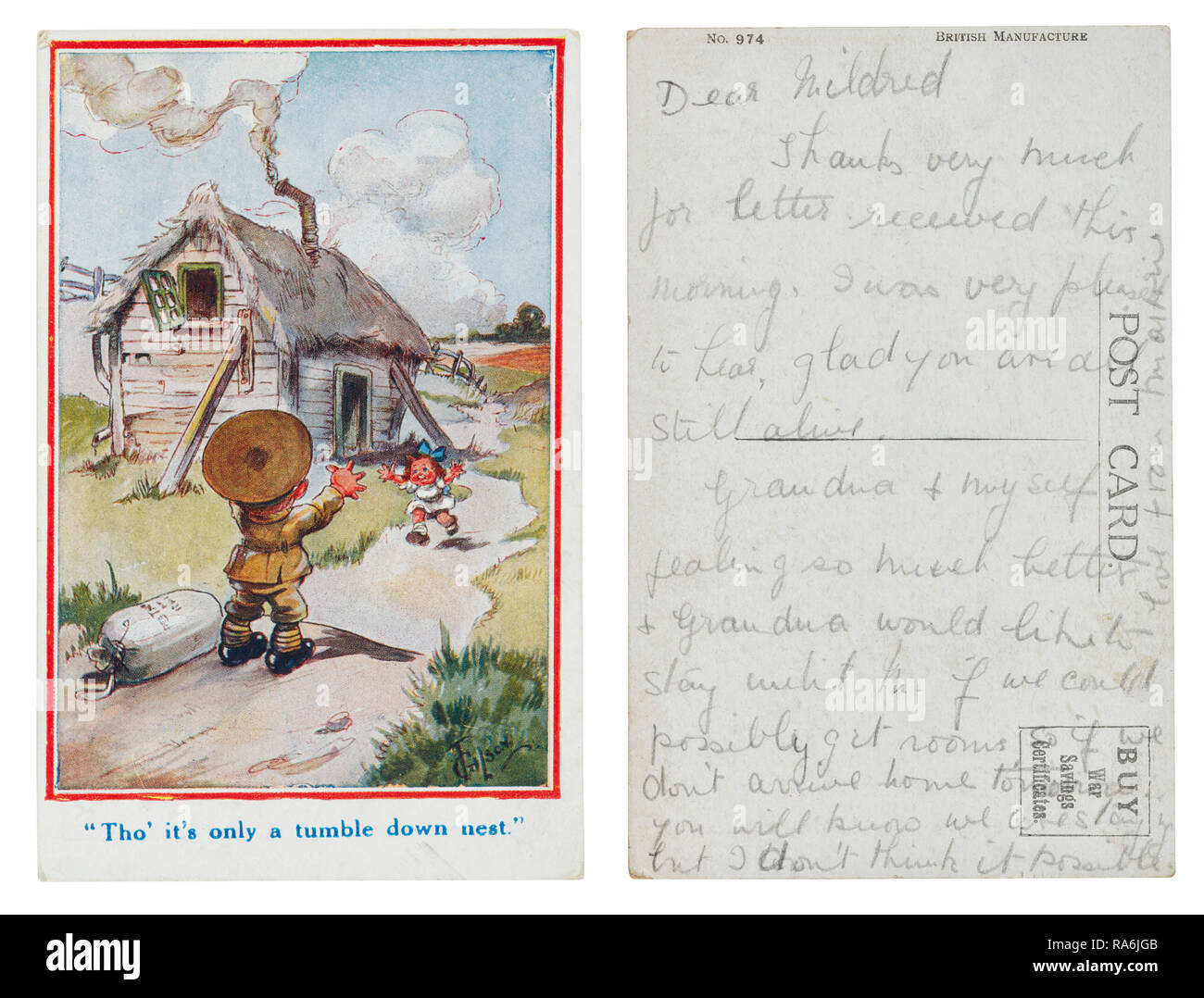 T Gibson first world war postcard with cartoon style front of soldier returning home to a tumble down nest Stock Photo