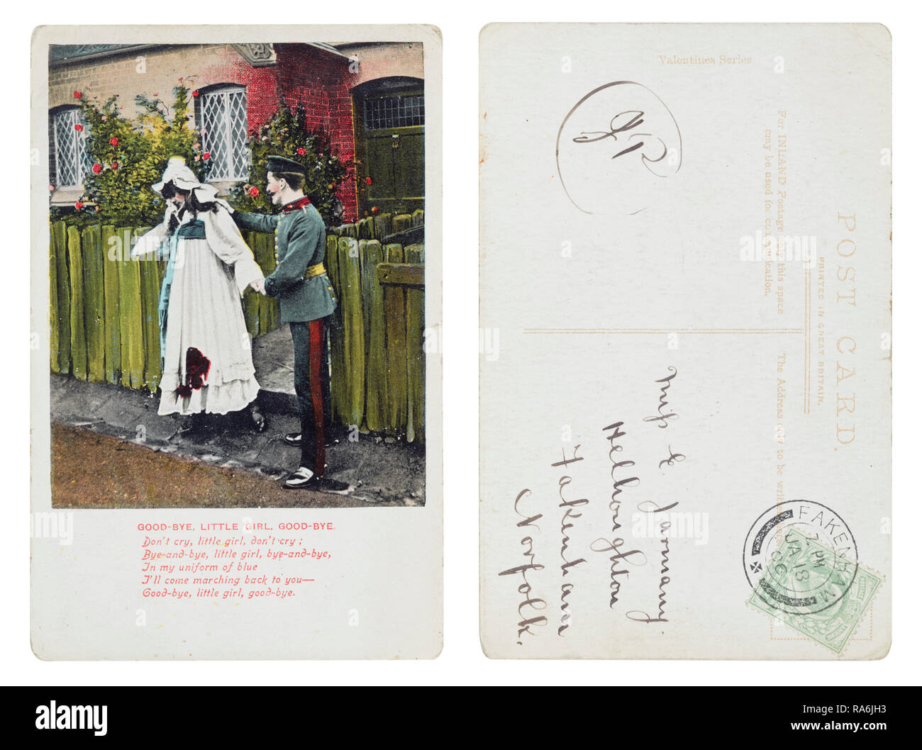 Postcard sent from JP in Fakenham to a Miss E Jarmany, Helhoughton, Fakenham, Norfolk in January 1918 Stock Photo