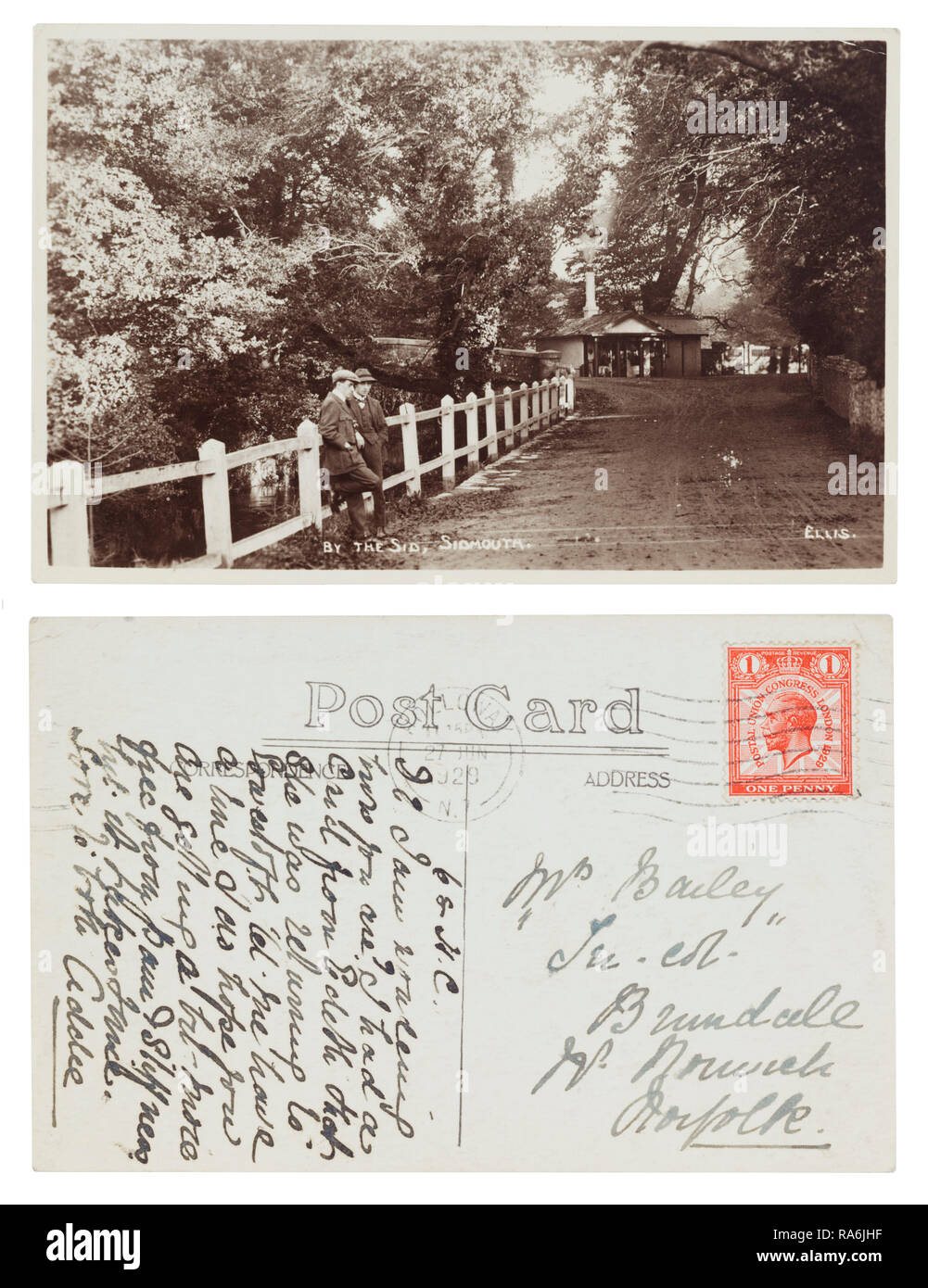 Postcard of the river Sid in Sidmouth from Addie to Mrs Bailey, Su col, Brundall, Norwich in June 1929 Stock Photo