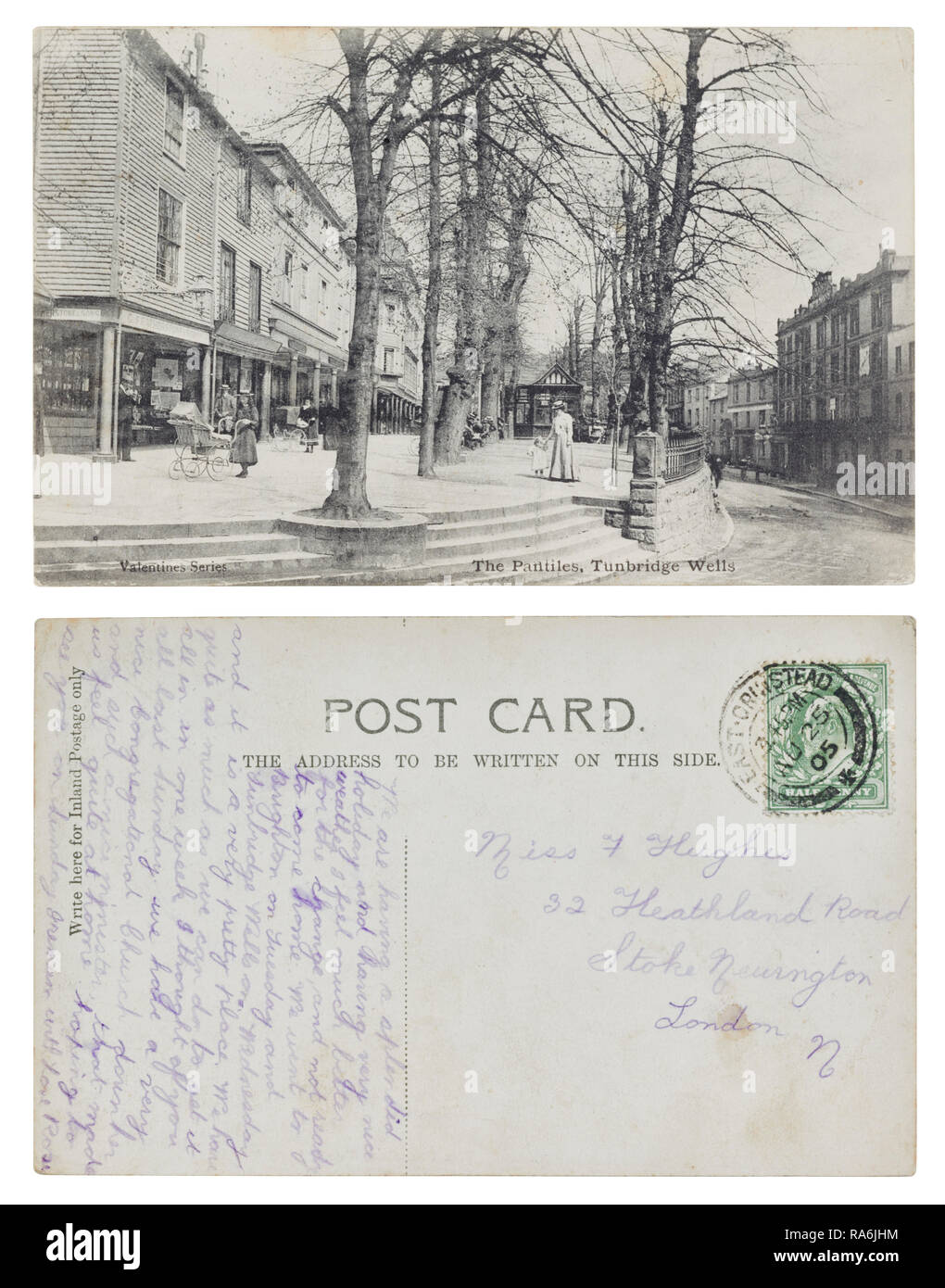 Postcard sent from Tunbridge Wells to Miss J Hughes, 32 Heathland Road, Stoke Newington, London in August 1905 Stock Photo