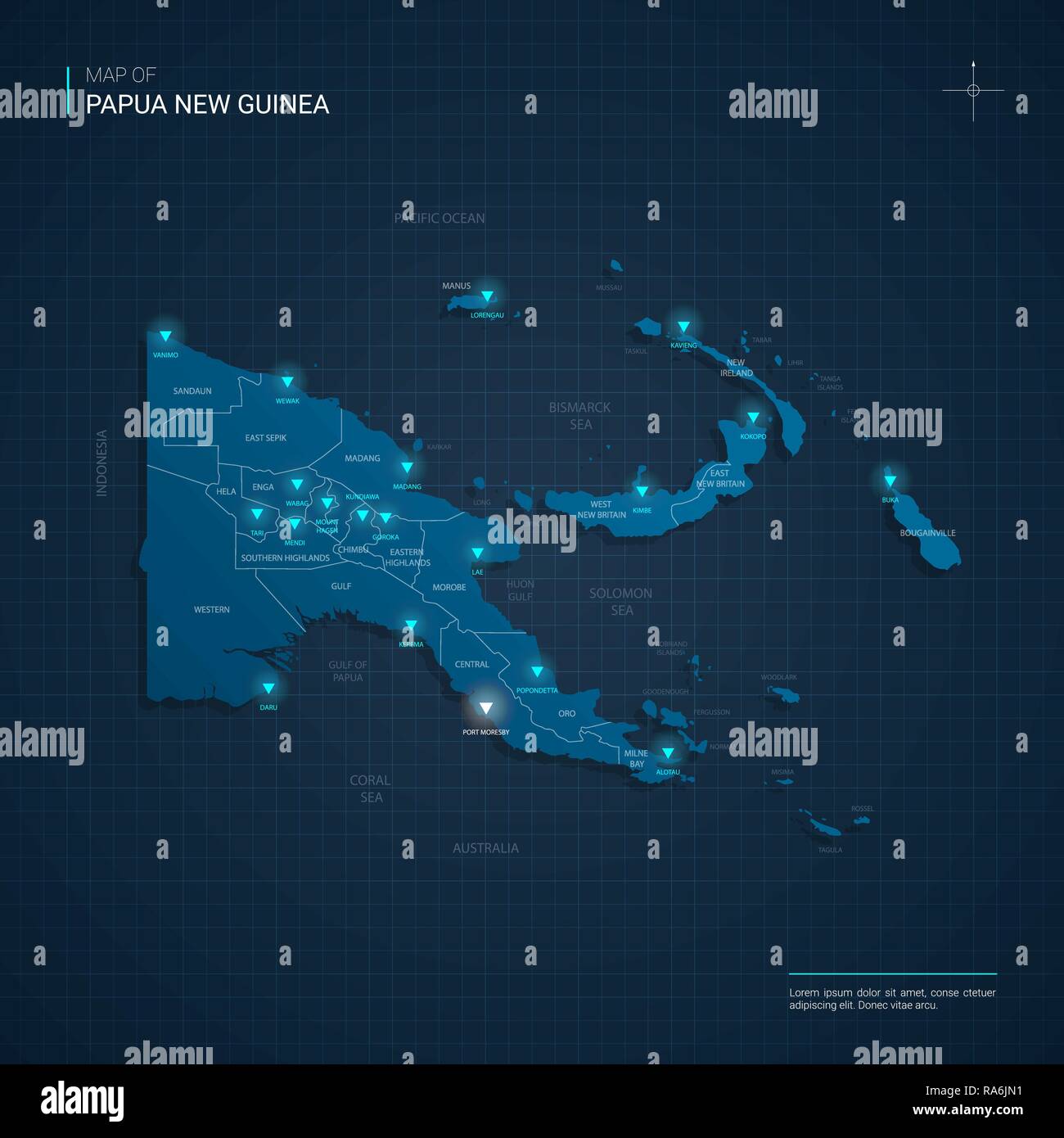 Vector Papua New Guinea map illustration with blue neon lightpoints ...