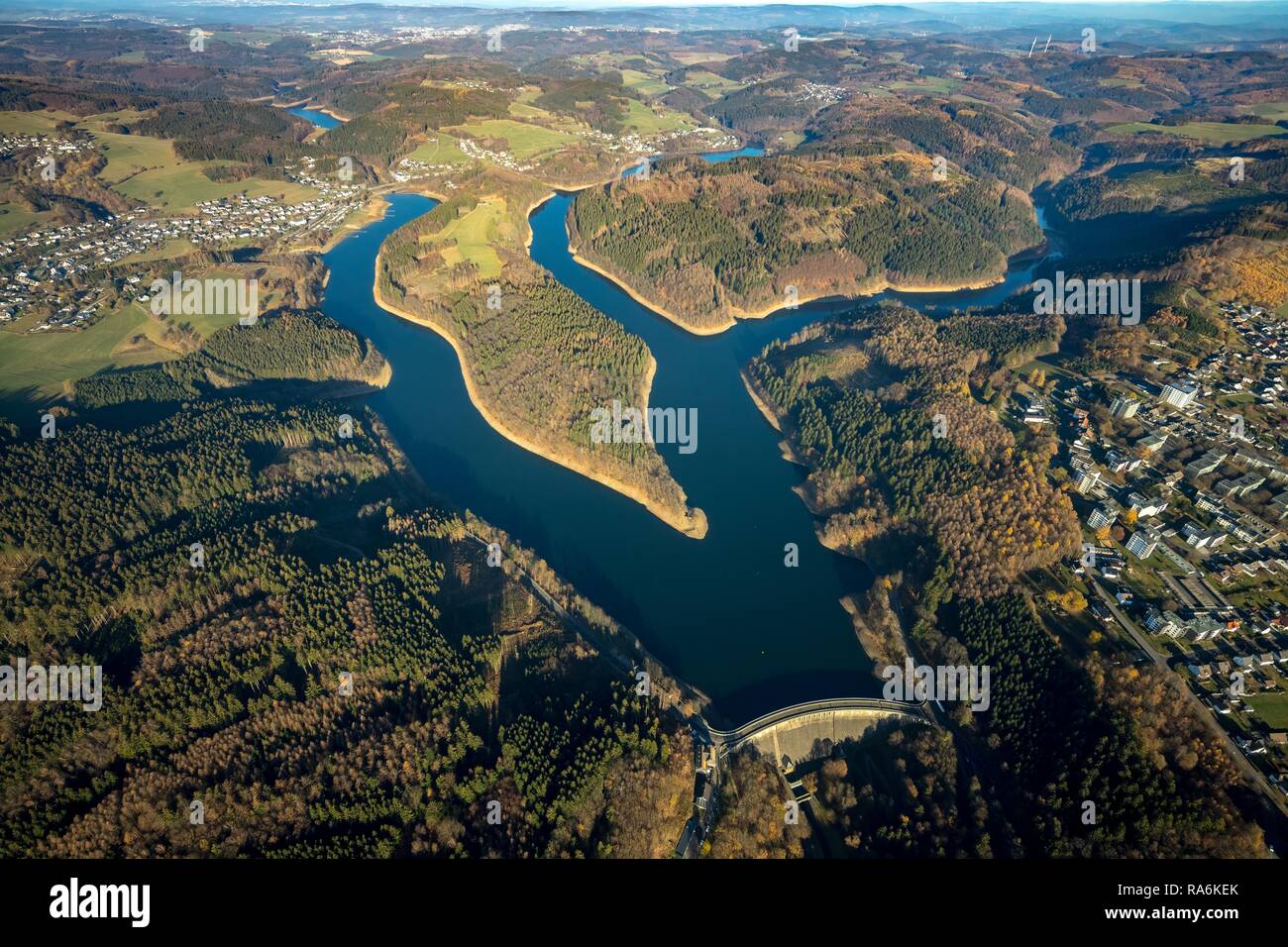 Aerial view, Aggertalsperre, Gummersbach, Bergneustadt, Oberbergisches Land, North Rhine-Westphalia, Germany Stock Photo