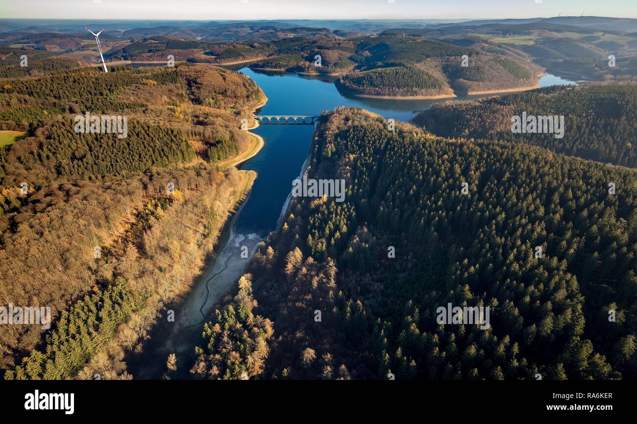 Aerial view, Verses dam in autumn, verses, at low tide, water shortage, dam, Lüdenscheid, Sauerland, Märkischer Kreis Stock Photo