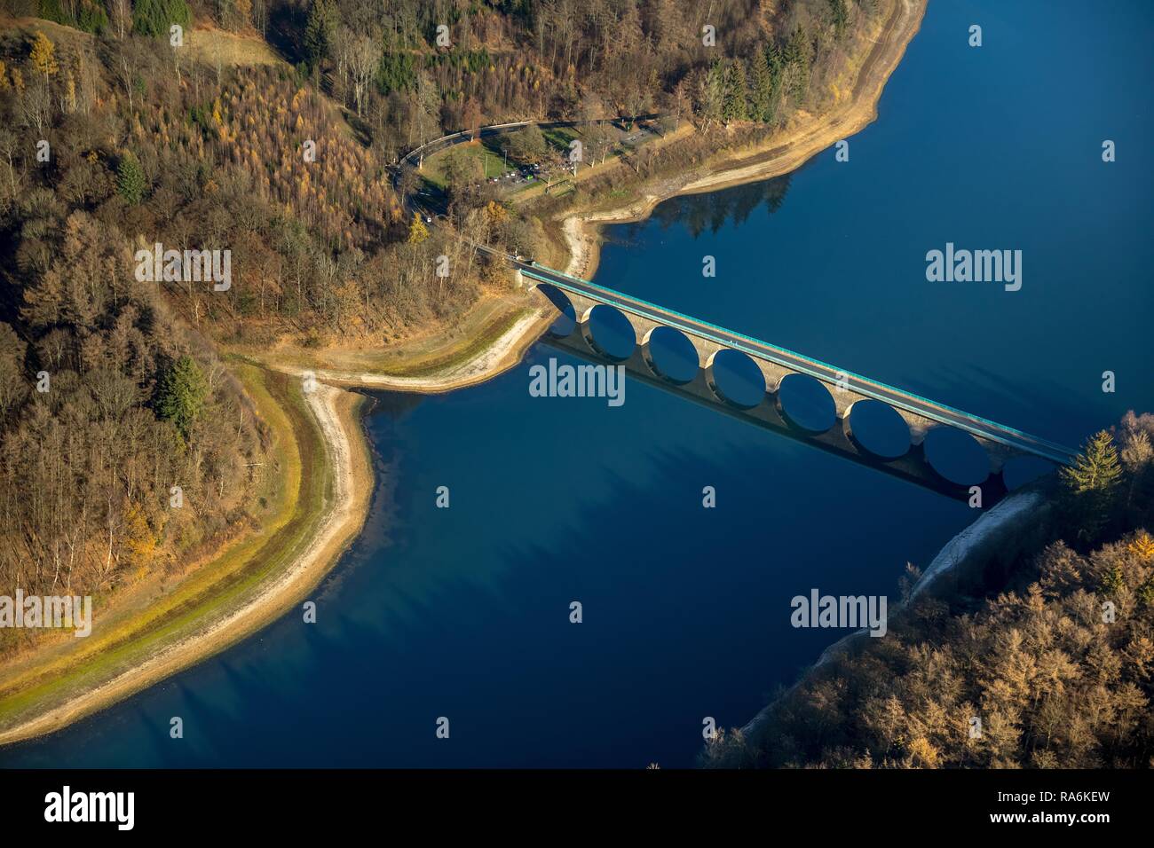Aerial view, Bridge over Versetalsperre in autumn, Verse, dam, Lüdenscheid, Sauerland, Märkischer Kreis Stock Photo