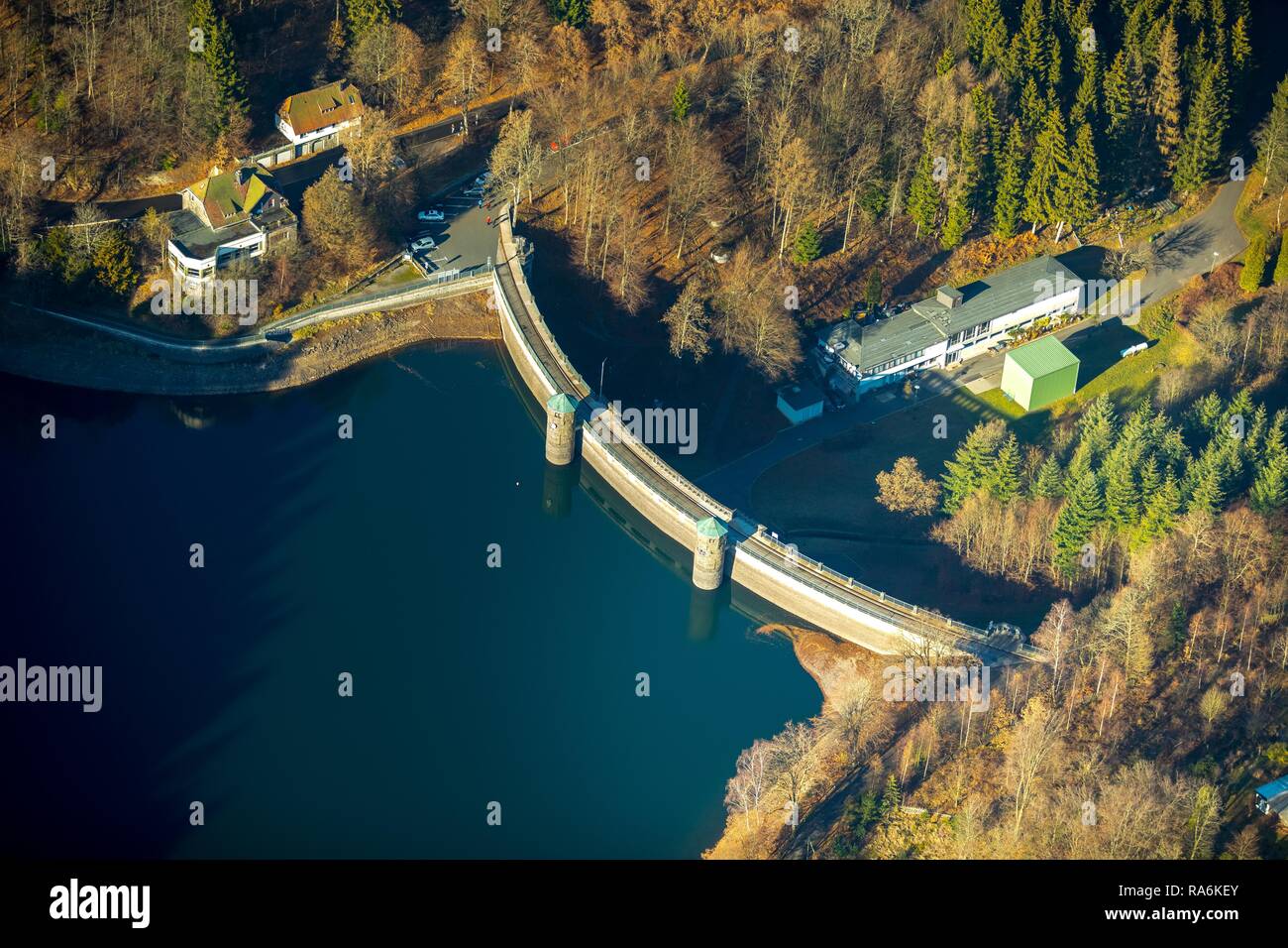 Aerial view, Dam wall, Fürwiggetalsperre, Meinerzhagen, Sauerland, dam, North Rhine-Westphalia, Germany Stock Photo