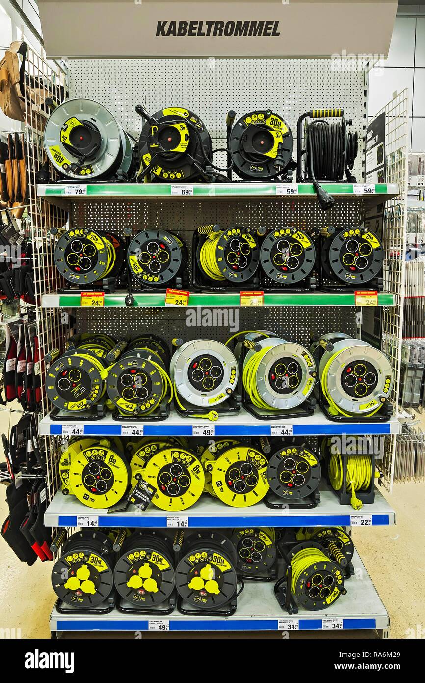 Cable drums, hardware store, Germany Stock Photo Alamy