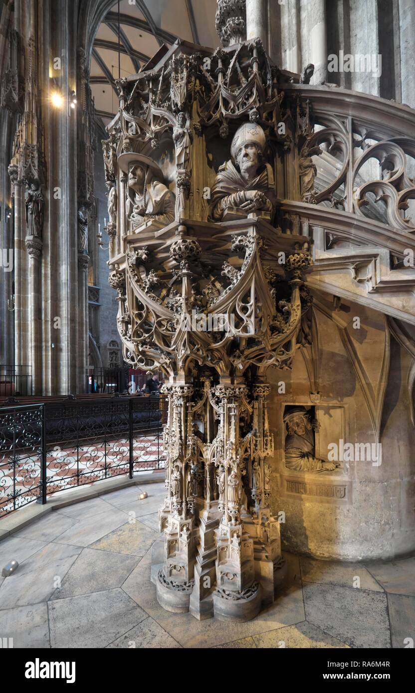Late Gothic pulpit, St. Stephen's Cathedral Church, Vienna, Austria Stock Photo