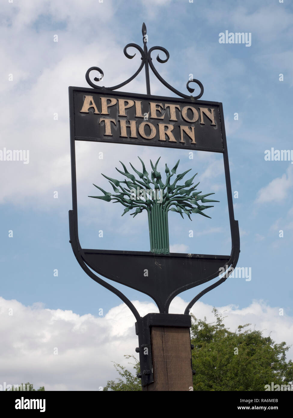 Village sign for Appleton Thorn, Warrington, Cheshire, England, UK. Stock Photo
