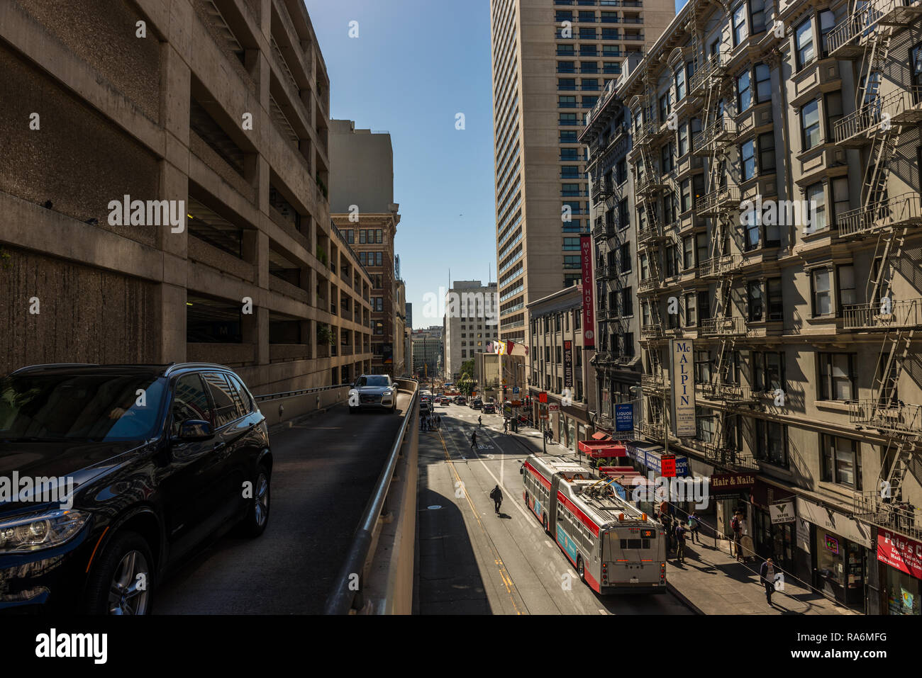 Cars leave a parking lot at bush street in San Francisco, California