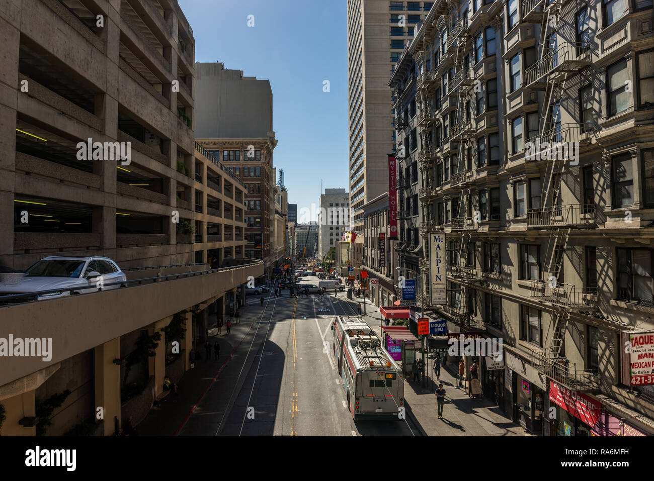 Cars leave a parking lot at bush street in San Francisco, California