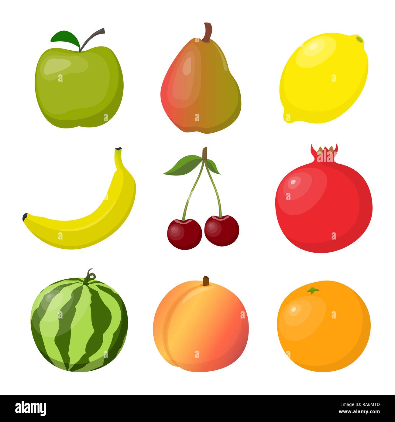 Juicy ripe fruits and berries, bright and colorful, set. Apple, pear, orange, banana, peach cherry watermelon lemon pomegranate Vector illustration Stock Vector