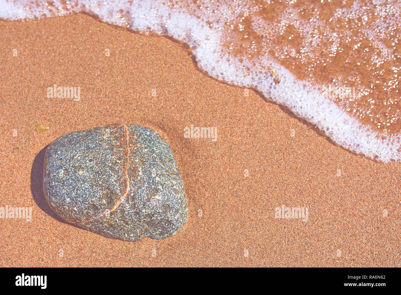 Rocks on the sand. Beautiful beach sand background with pebbles. Brown ...