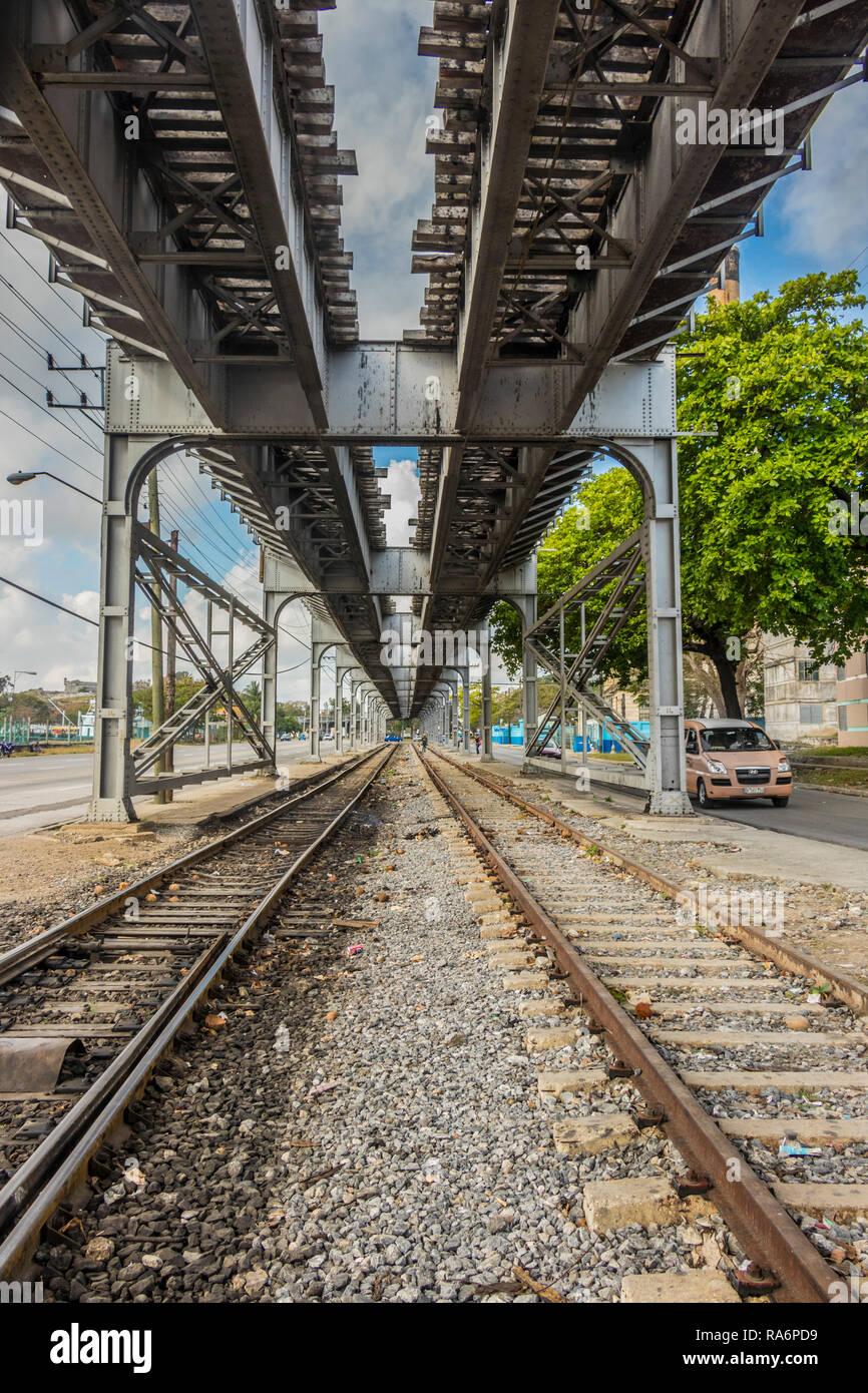 perspective view under elevated railway tracks in Havana Cuba Stock Photo