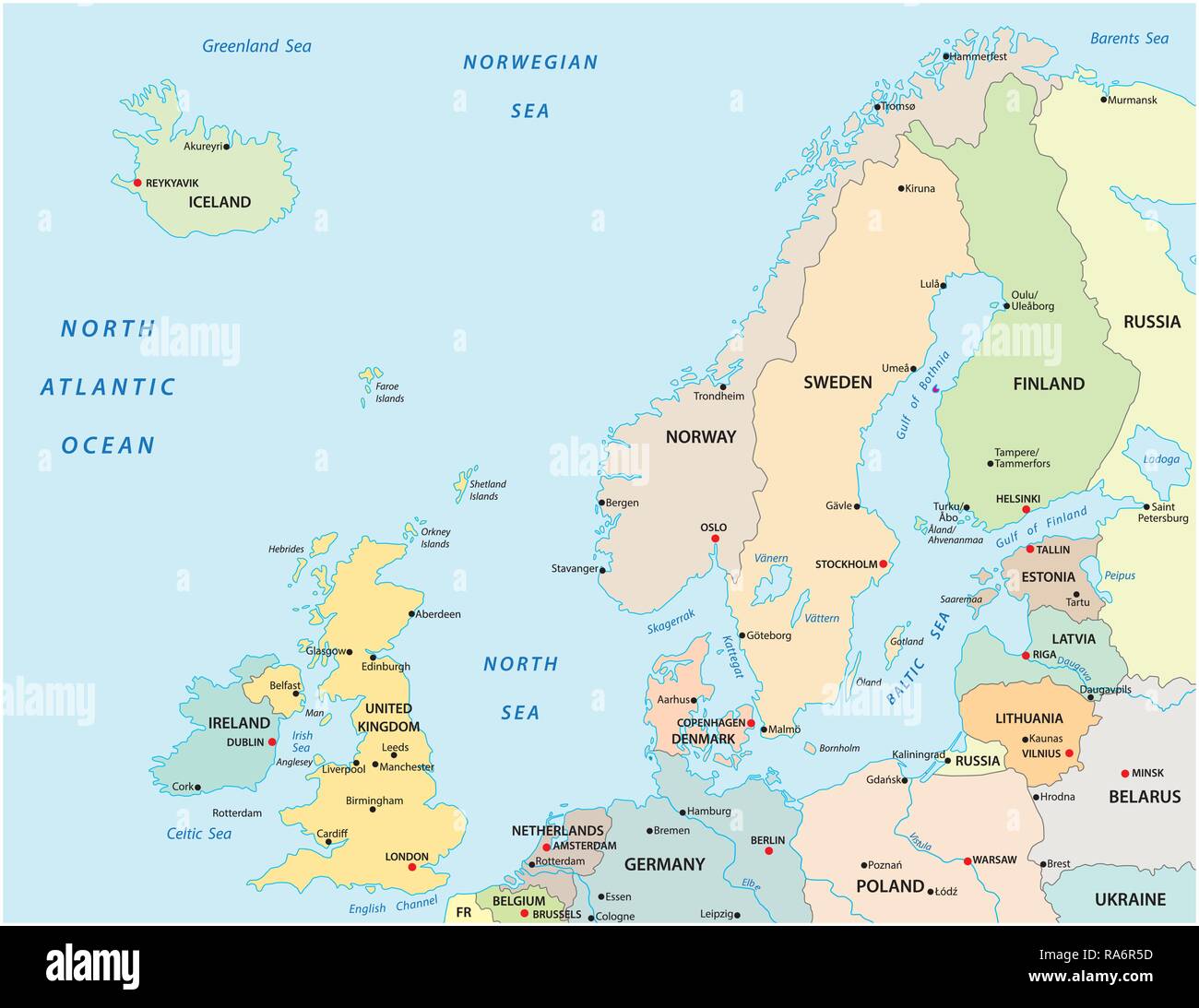 Political and administrative vector map of northern europe with state borders Stock Vector