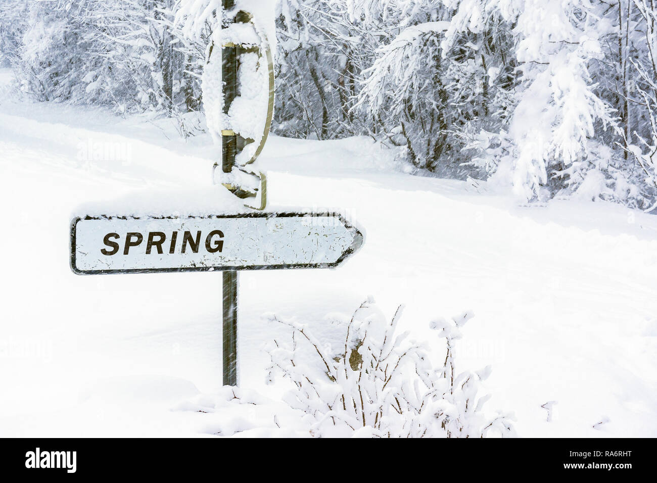 Spring direction sign covered with snow in winter. Season concepts. End
