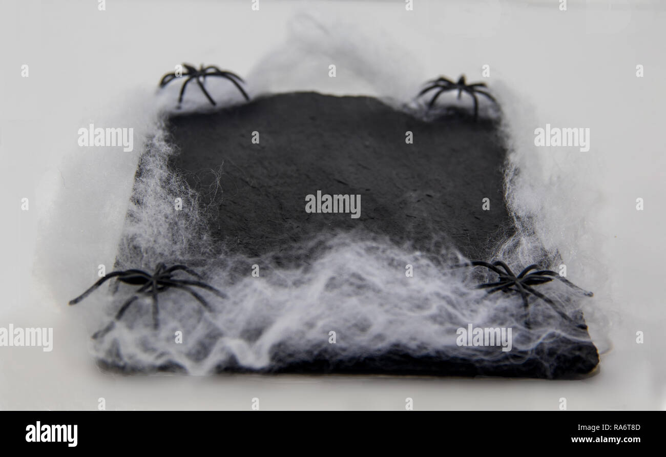 blackboard dish decorated with spiders and spider web Stock Photo