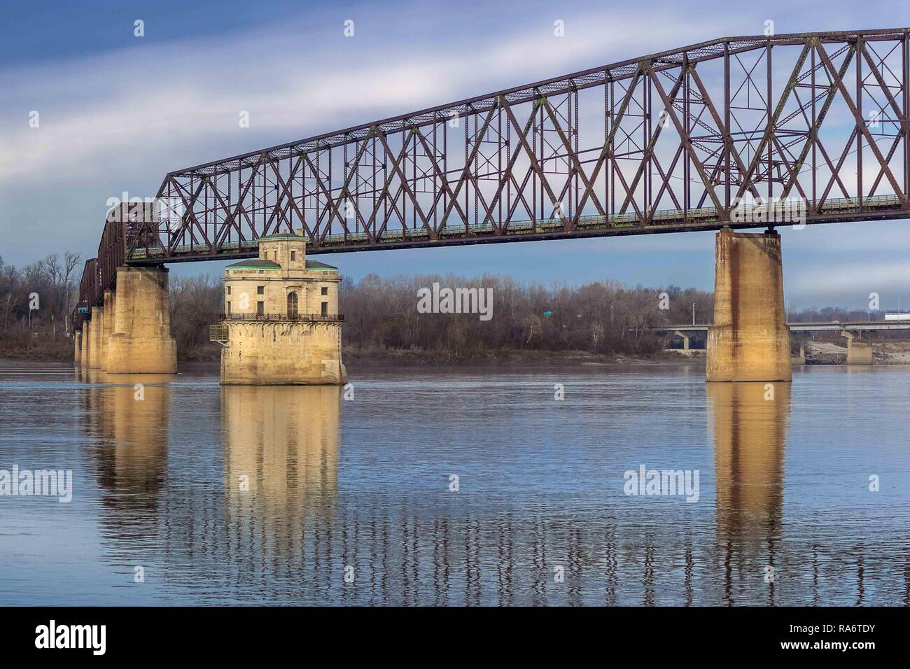 Castle like water intake building for Saint Louis in Mississippi river near Chain of Rocks Bridge, the historic route 66 crossing from Illinois Stock Photo
