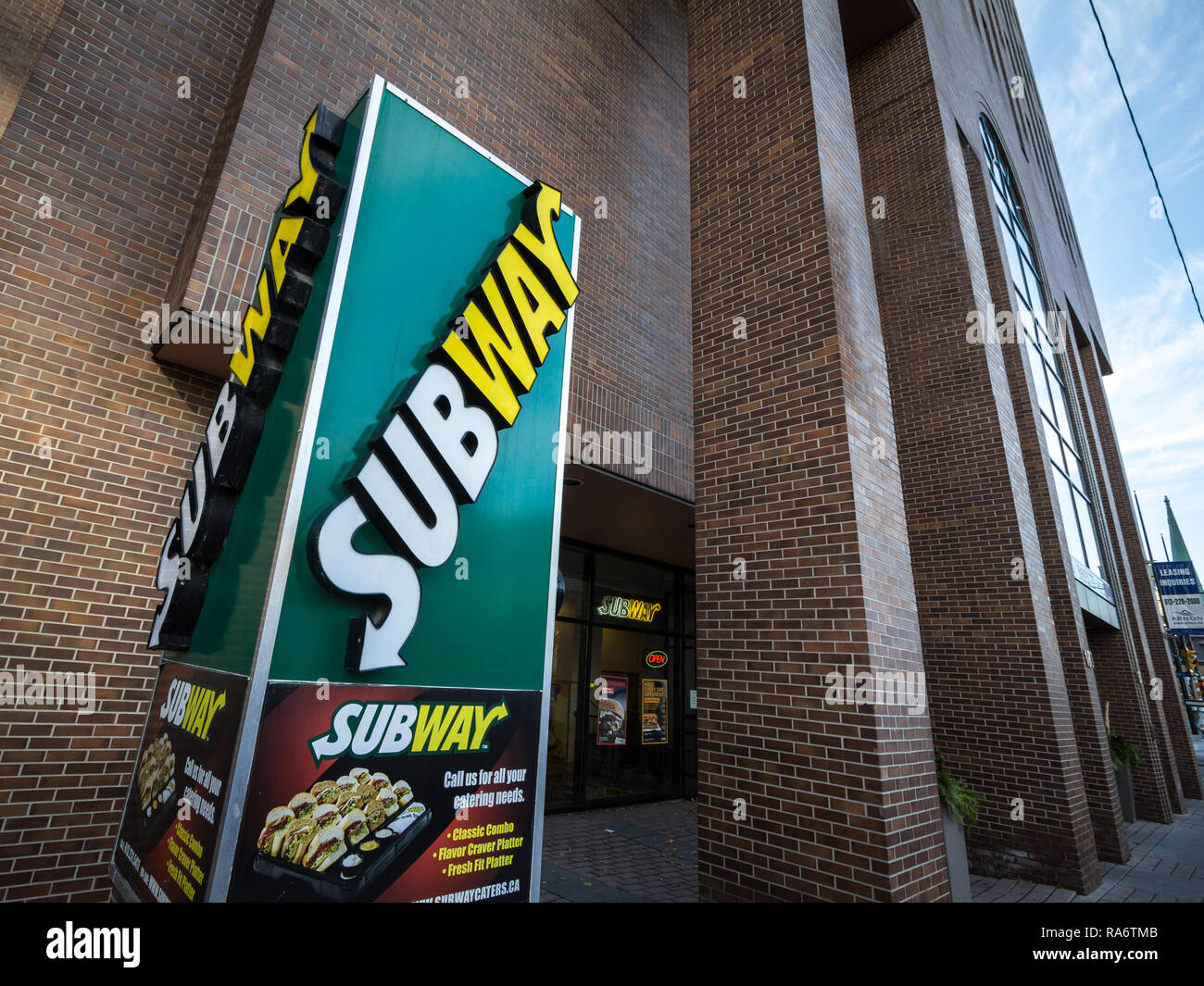 OTTAWA, CANADA - NOVEMBER 11, 2018: Subway logo in front of their local Restaurant in Ottawa, Ontario. Subway is a fast food chain specialized in sand Stock Photo