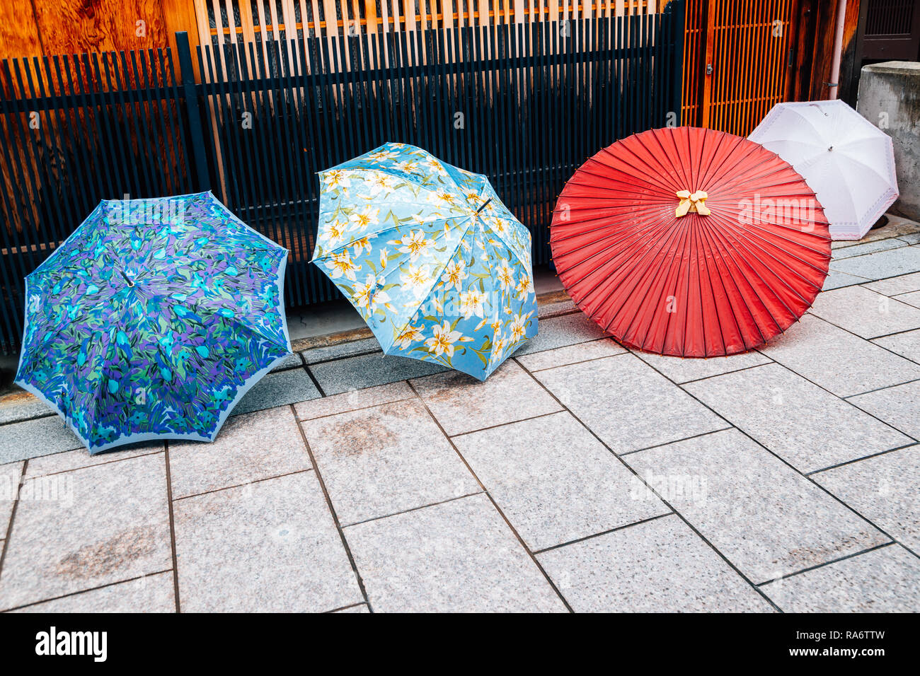 Colorful umbrellas at Gion Japanese traditional street in Kyoto, Japan