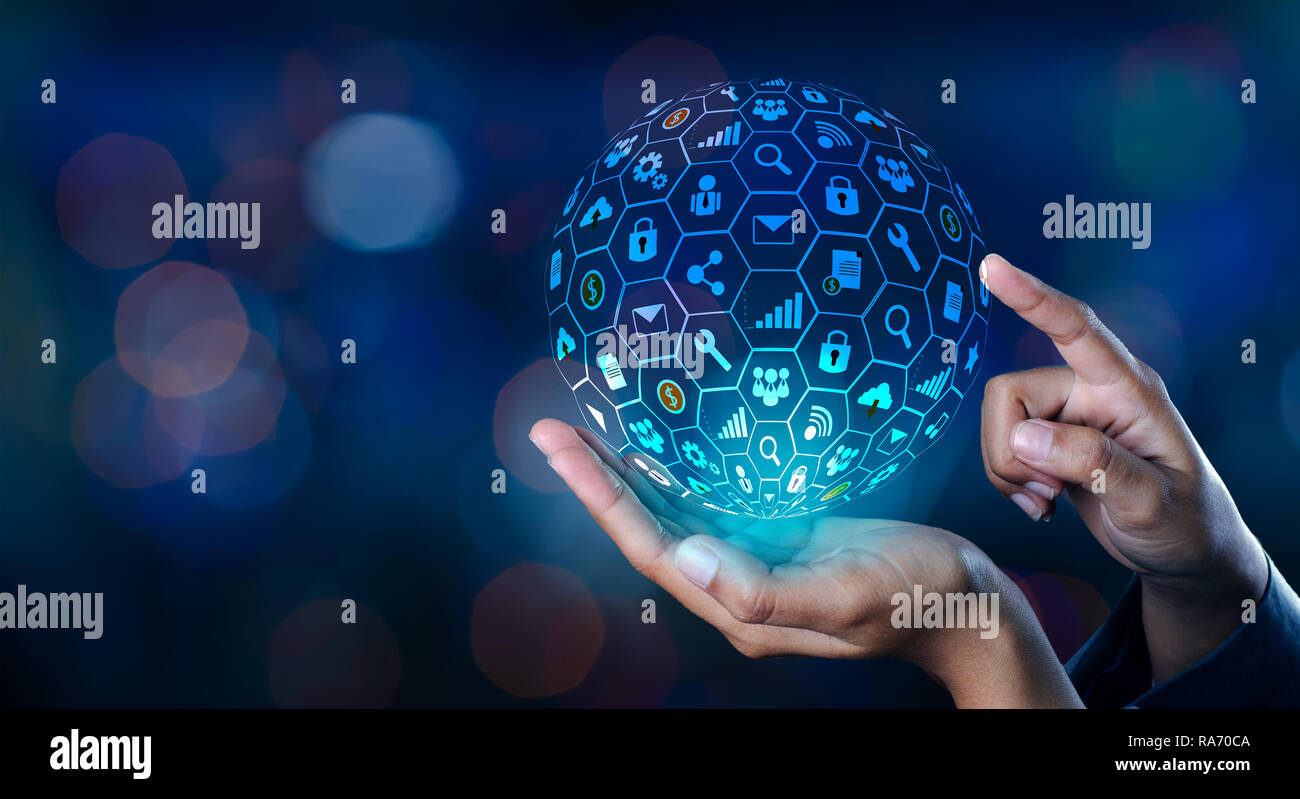 icon Internet World In the hands of a businessman network technology and communication Space input data Stock Photo
