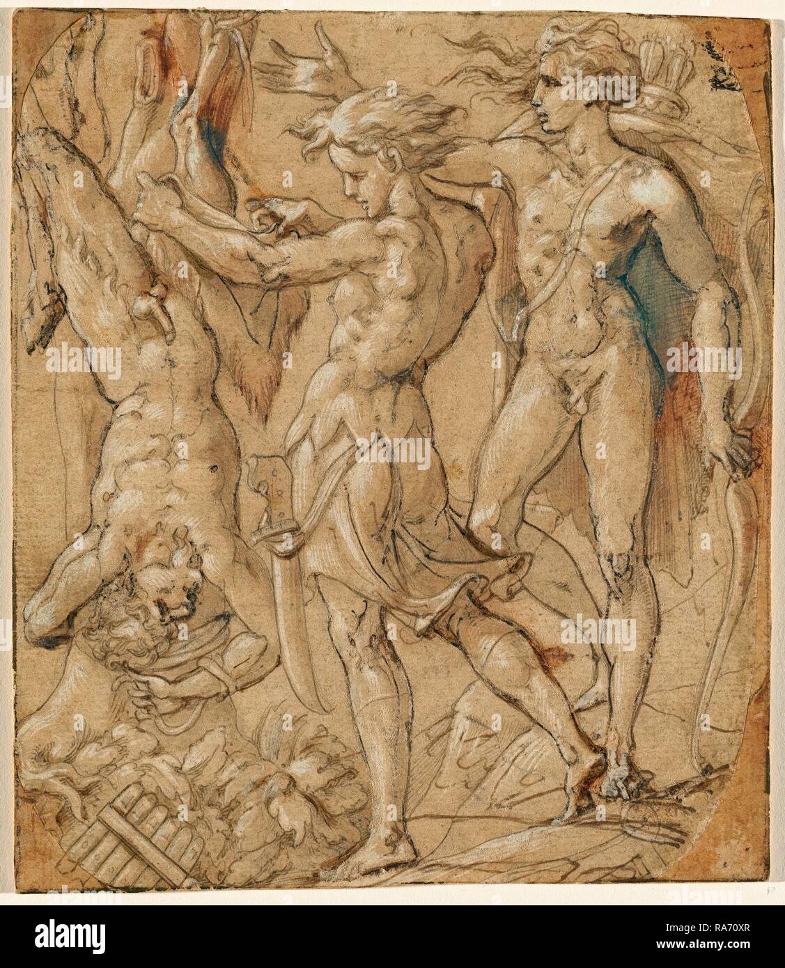 Bernardino Campi, Italian (1522-1595), The Flaying of Marsyas, pen and brown and black ink with brown wash reimagined Stock Photo