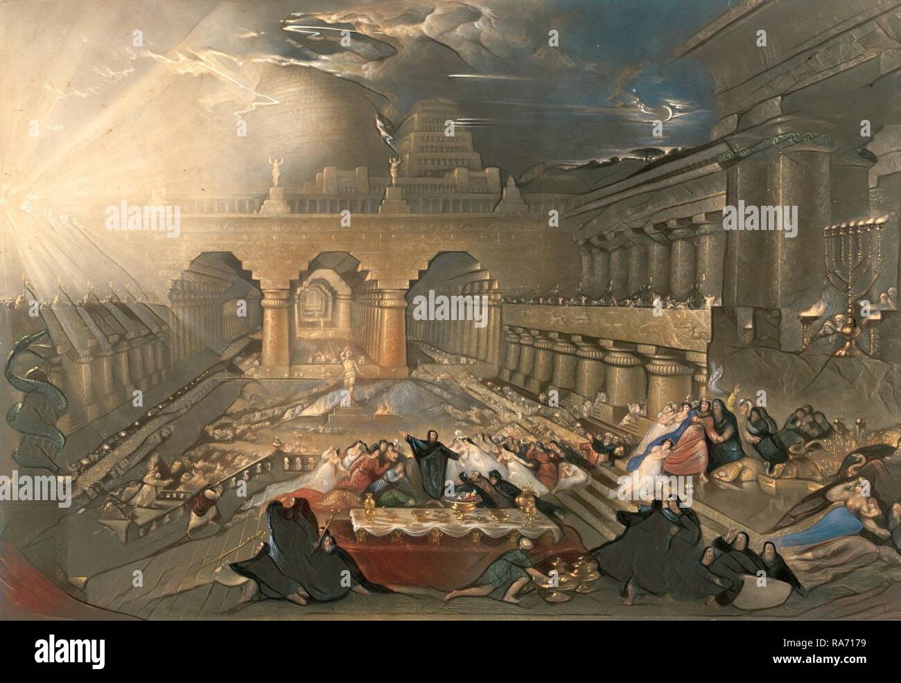 John Martin, Belshazzar's Feast, British, 1789-1854, 1826, hand-colored mixed media intaglio. Reimagined Stock Photo