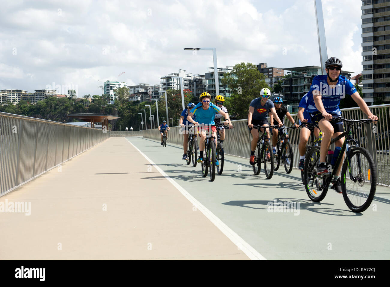 Cyclists on the Riverwalk, New Farm, Brisbane, Queensland, Australia Stock Photo
