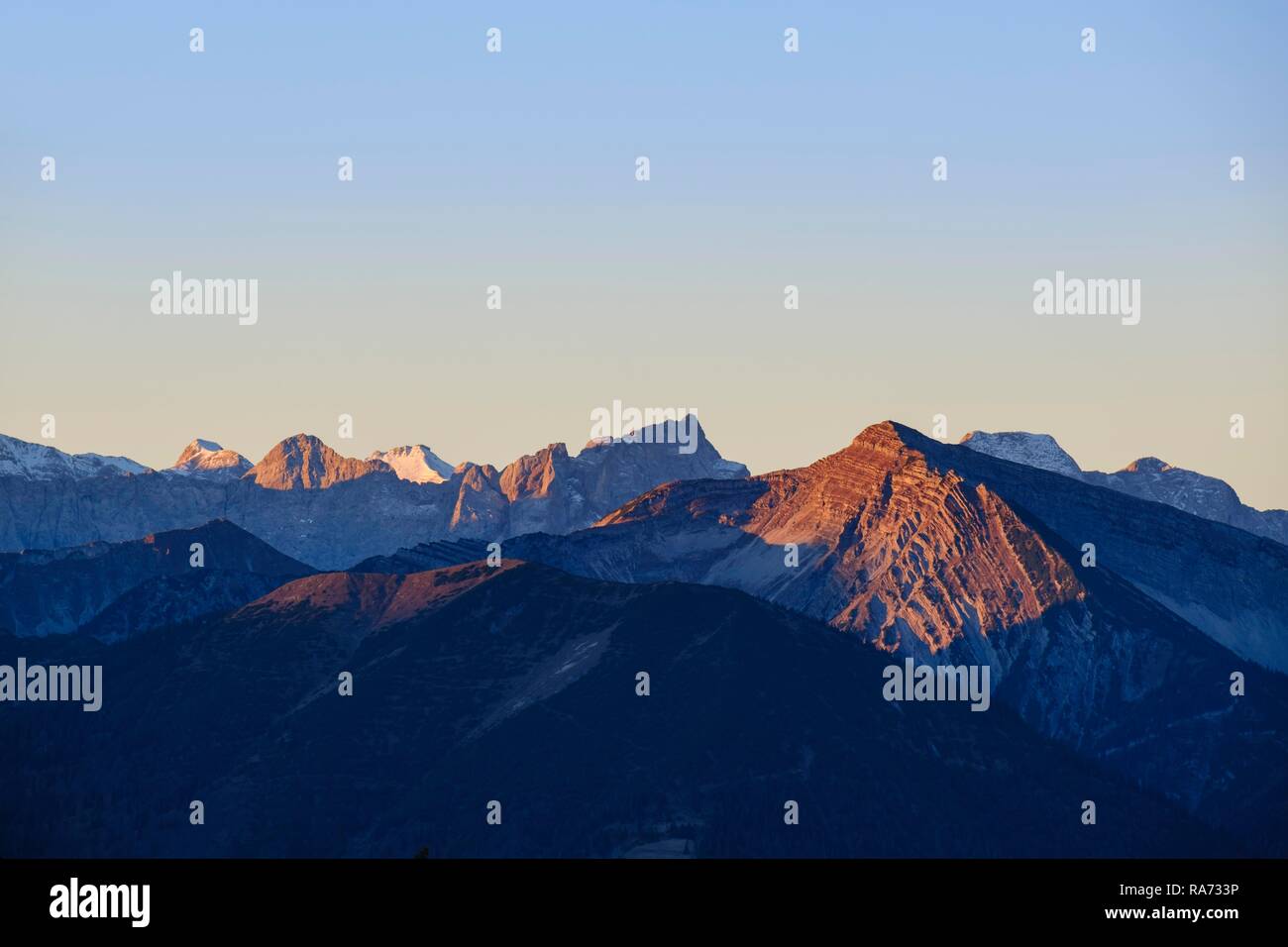 Karwendel Mountains with Schafreuter at sunrise, view from the high alp near Lenggries, Isarwinkel, Upper Bavaria, Bavaria Stock Photo
