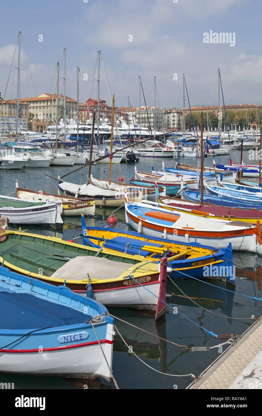 Traditional fishing boats in the marina, Nice, Département Alpes-Maritimes, Provence-Alpes-Côte d’Azur, France Stock Photo