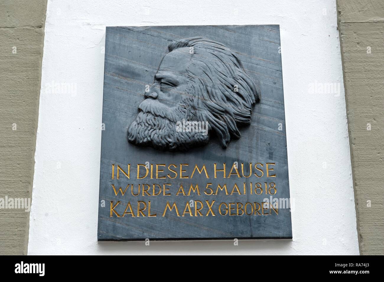 Commemorative plaque with portrait of Karl Marx at the birthplace, Trier, Rhineland-Palatinate, Germany Stock Photo
