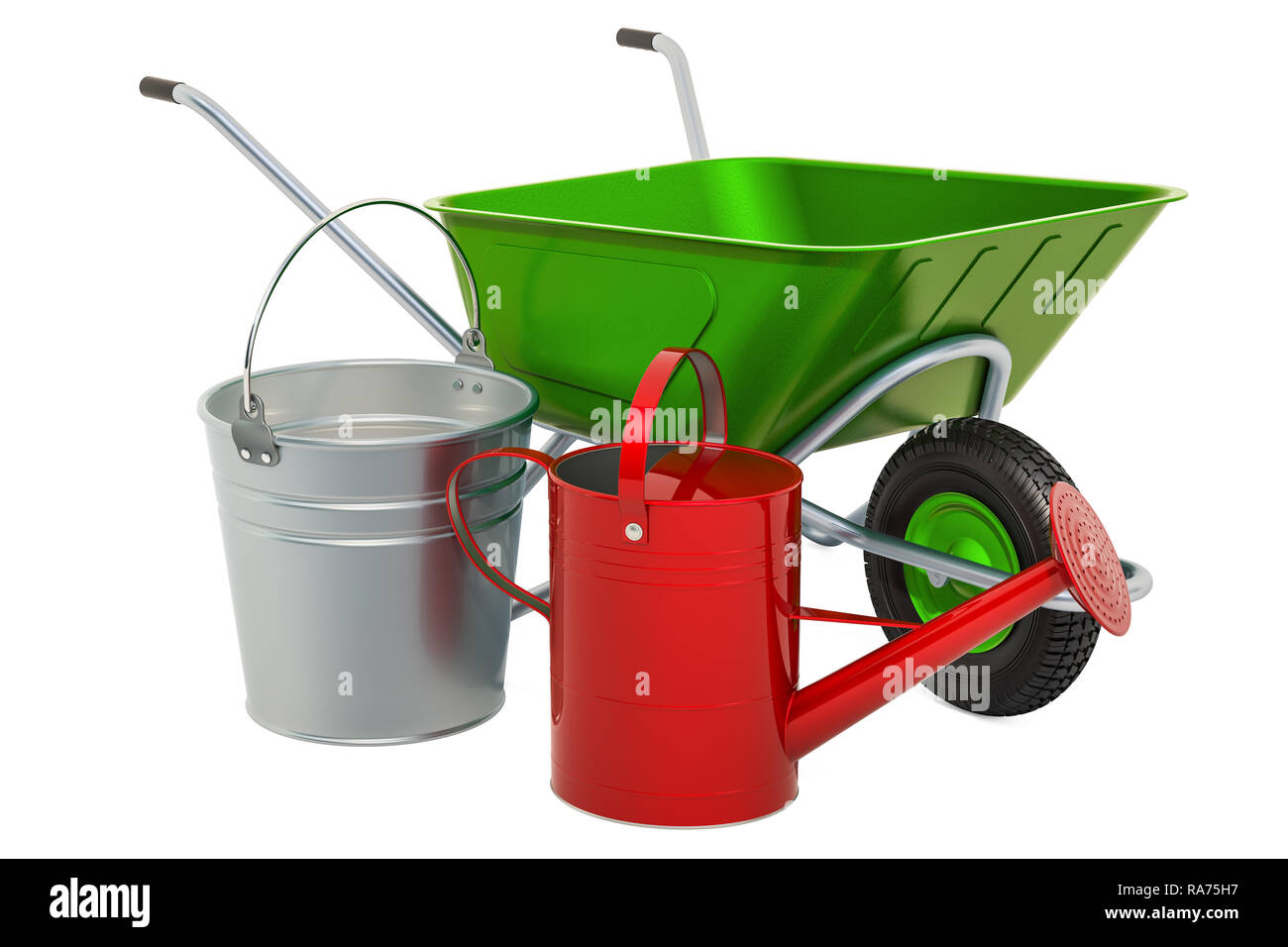 Garden Tools. Wheelbarrow, bucket and watering can. 3D rendering ...