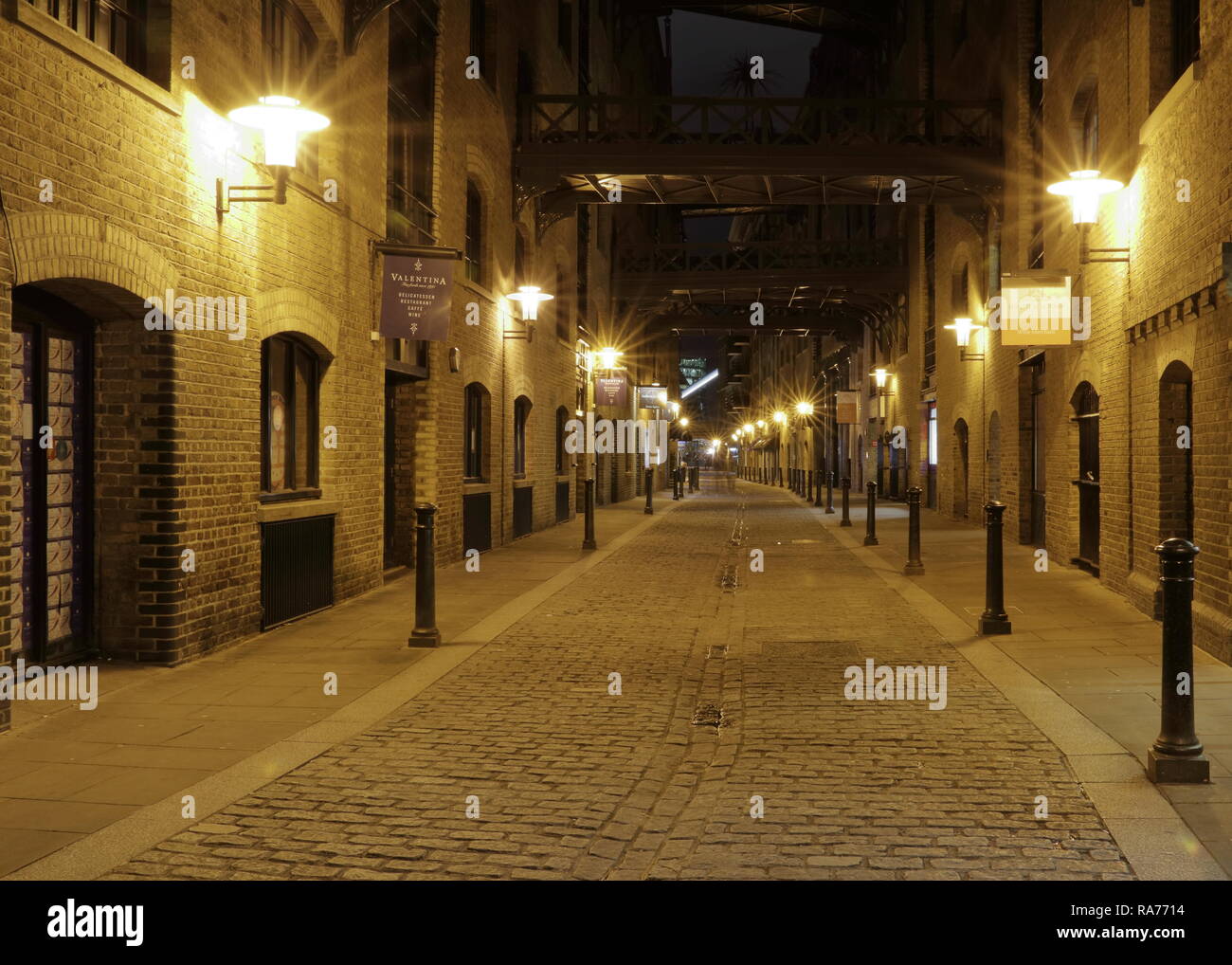 Empty night street in London near Tower Bridge. Sunday night. Quiet London. Stock Photo
