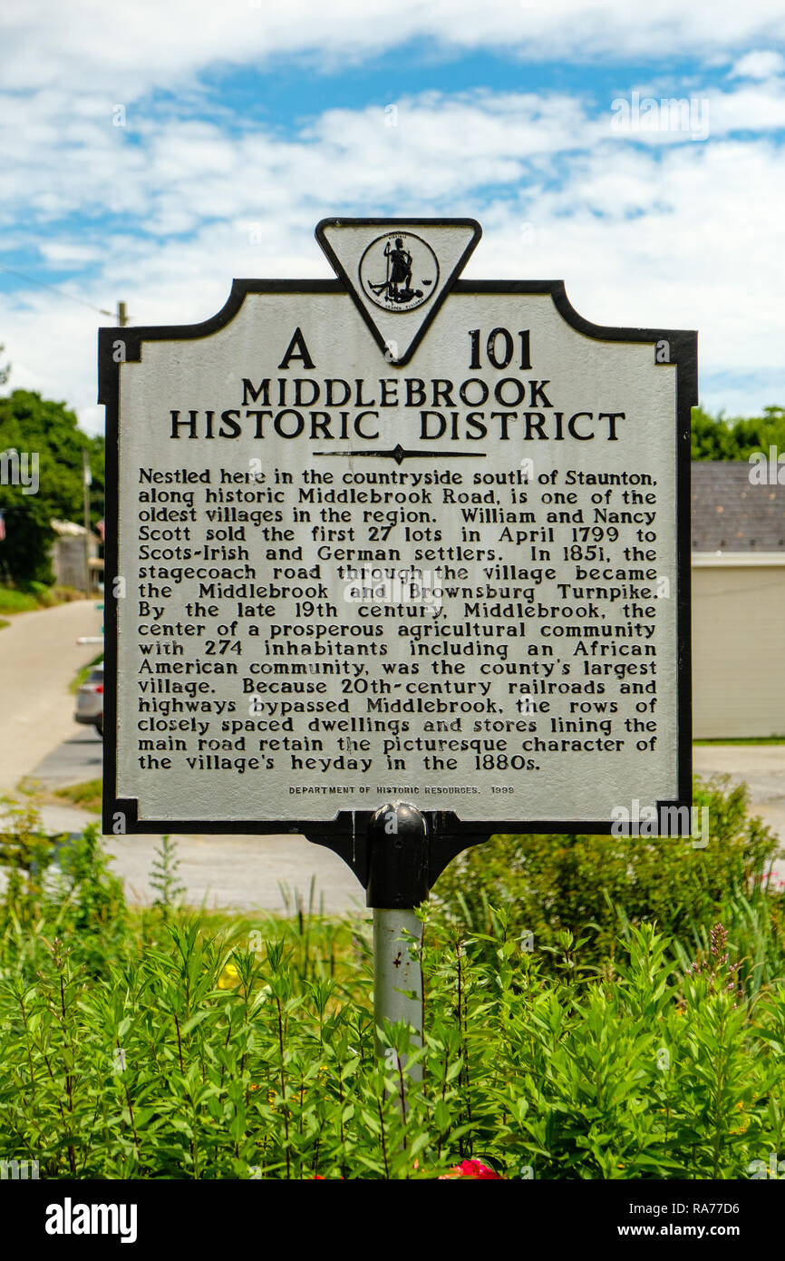 Historic Marker, Middlebrook Historic District, Middlebrook, Virginia Stock Photo