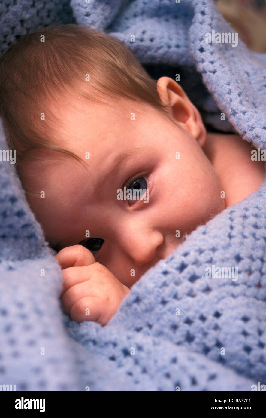 little baby peeping from under blue blanket Stock Photo