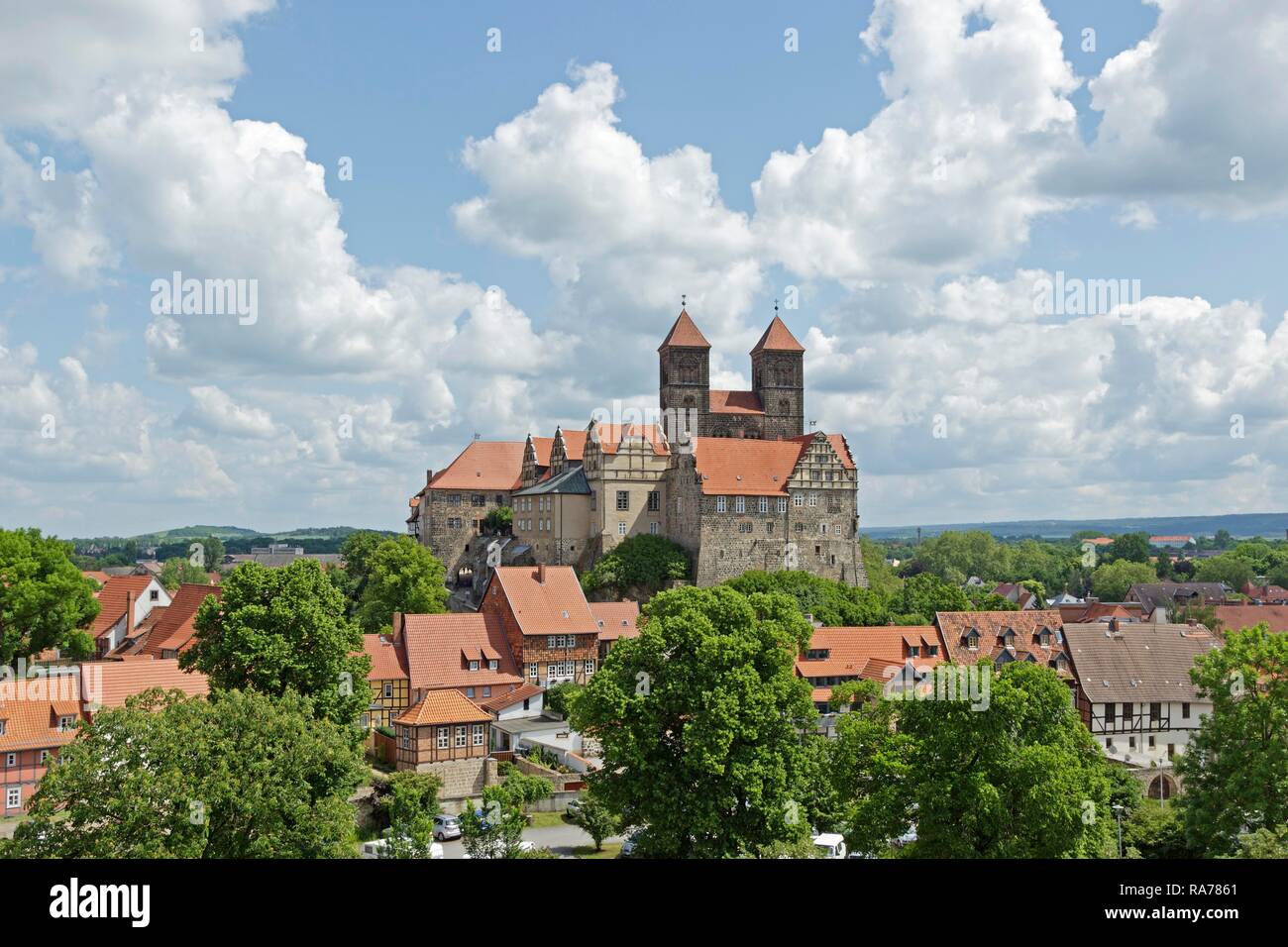 Castle and Collegiate Church of St. Servatius with monastery buildings on the Schlossberg or castle hill, Quedlinburg Stock Photo