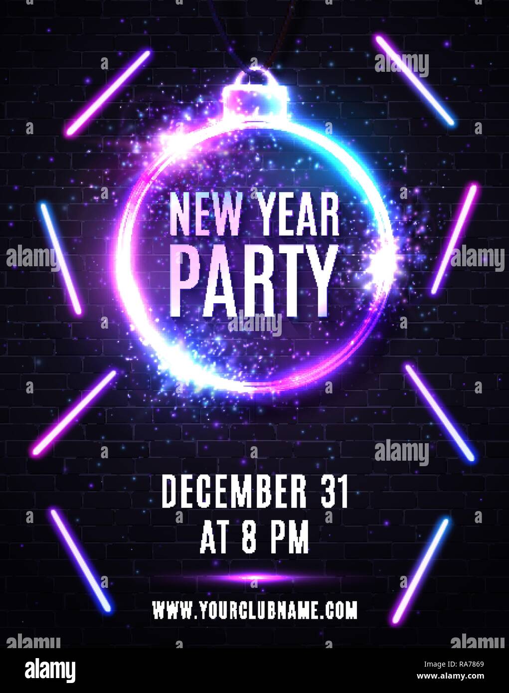 Espera un minuto cobija Todo tipo de New Years eve party poster. Christmas decoration shaped frame. Circle  sparkle silver sign with neon text design. New Year light flyer with  multicolored led light lines. Decorative vector illustration Stock Vector  Image