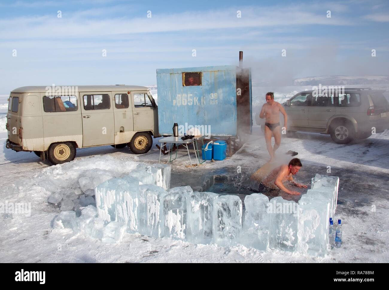 'Russian bath', ice-bath in frozen Lake Baikal, Olkhon island, Siberia, Russia, Eurasia Stock Photo