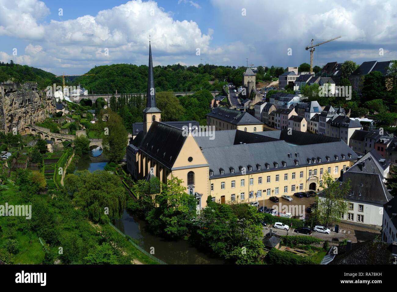 Alzette valley, view of the Bock-Kasematten caves and the Church of St ...