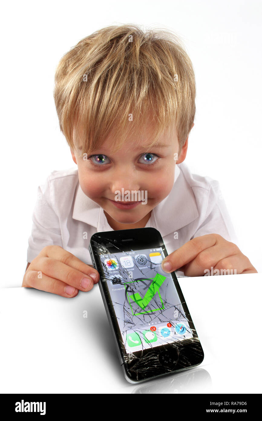 Boy holding, showing display of smartphone, cellphone demonstrating  internet safety with symbols caution, forbidden, check mark, recycle Stock  Photo - Alamy