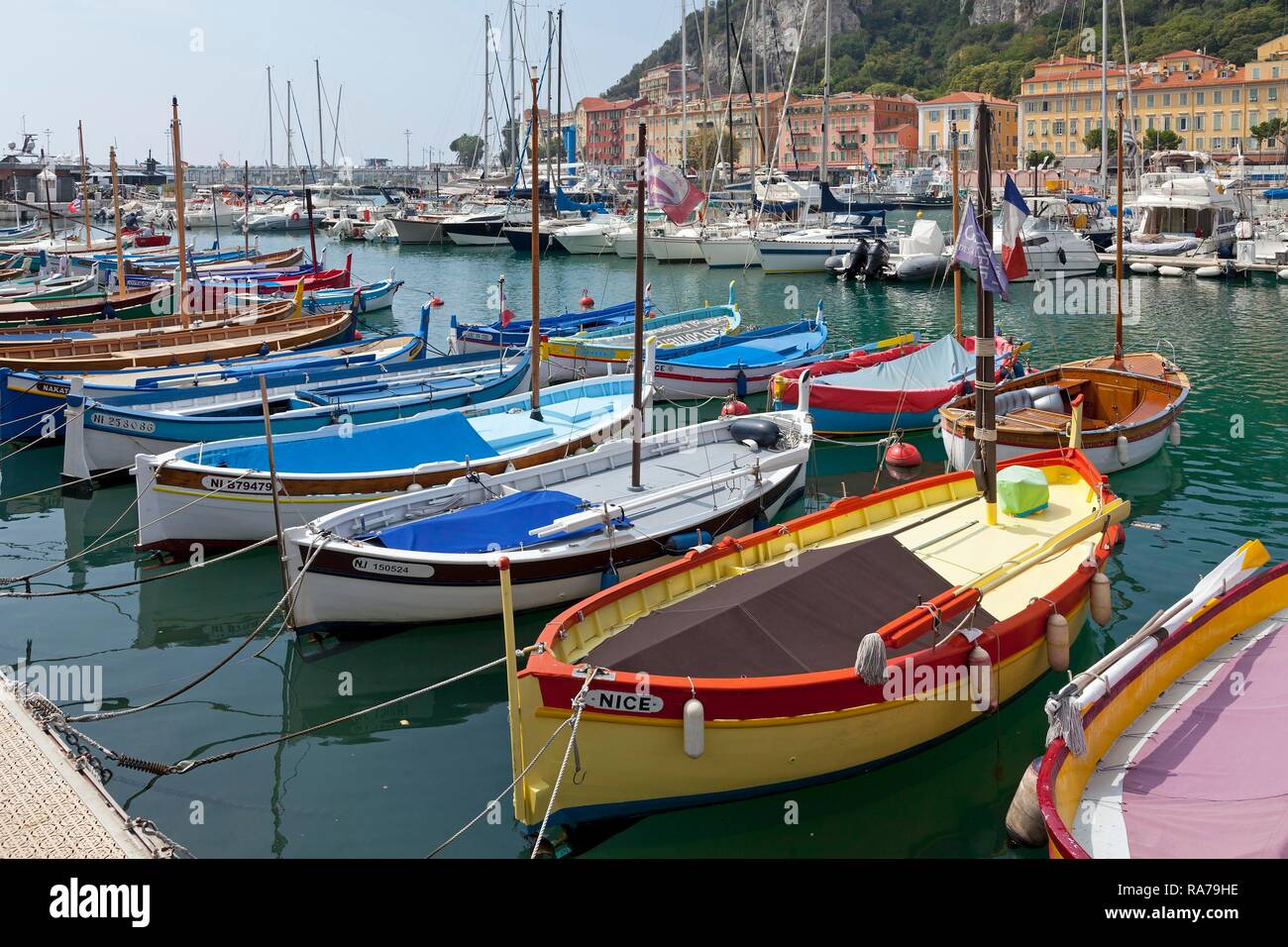 Traditional fishing boats in the harbour, Nice, Alpes-Maritimes, Provence-Alpes-Côte d'Azur, France Stock Photo